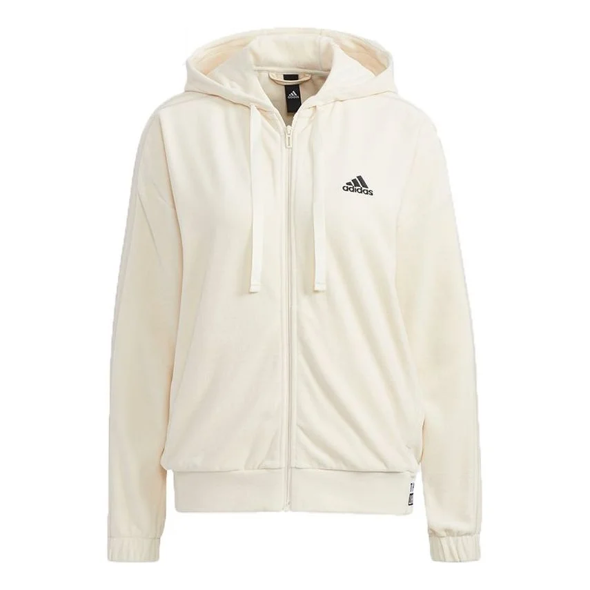 (WMNS) adidas Velour Jkt Small Logo Drawstring Hooded Jacket Creamy White HG1836 - 1