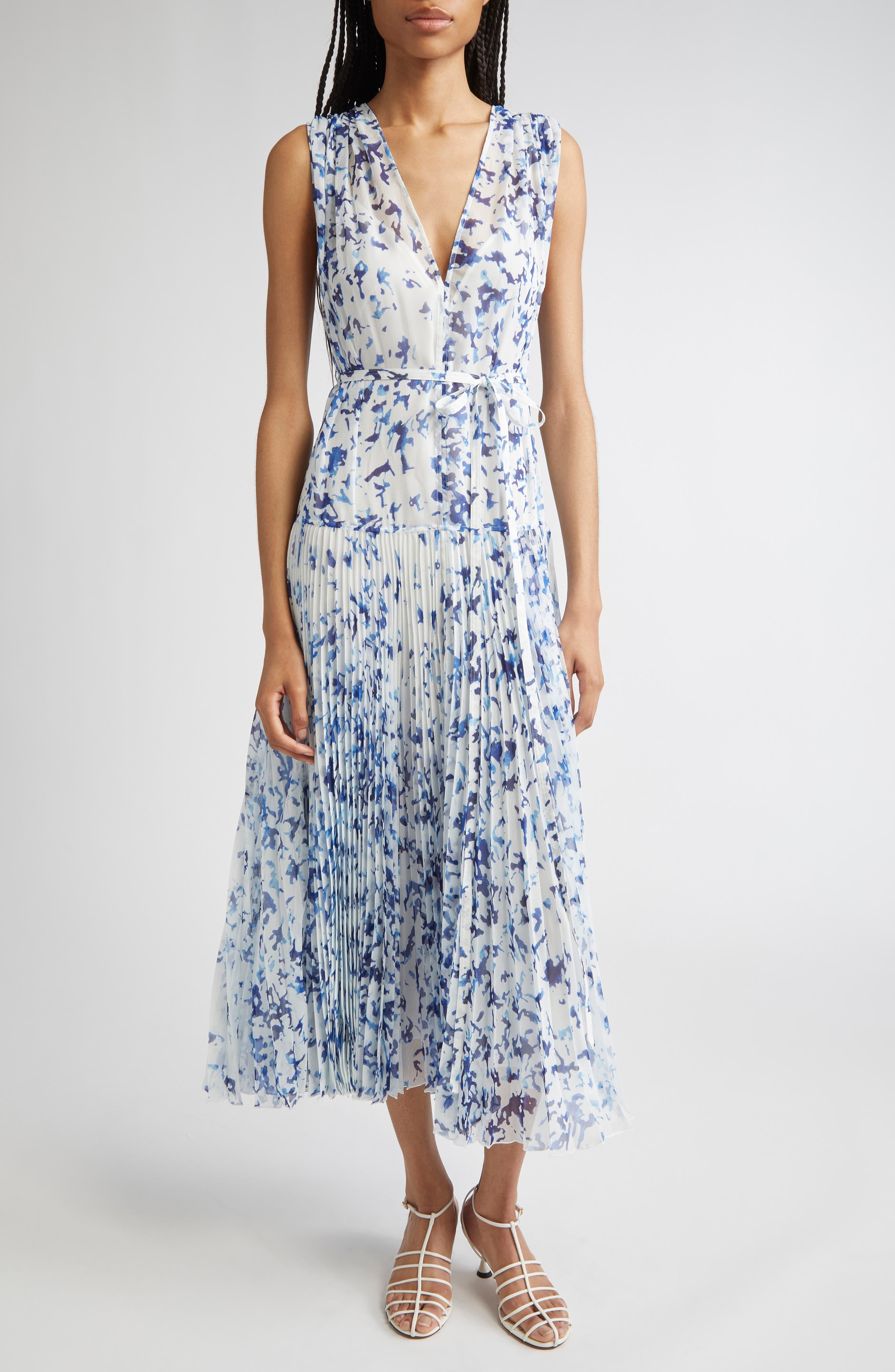 Proenza Schouler Pat Print Pleated Sleeveless Chiffon Dress in Off White Multi at Nordstrom - 1