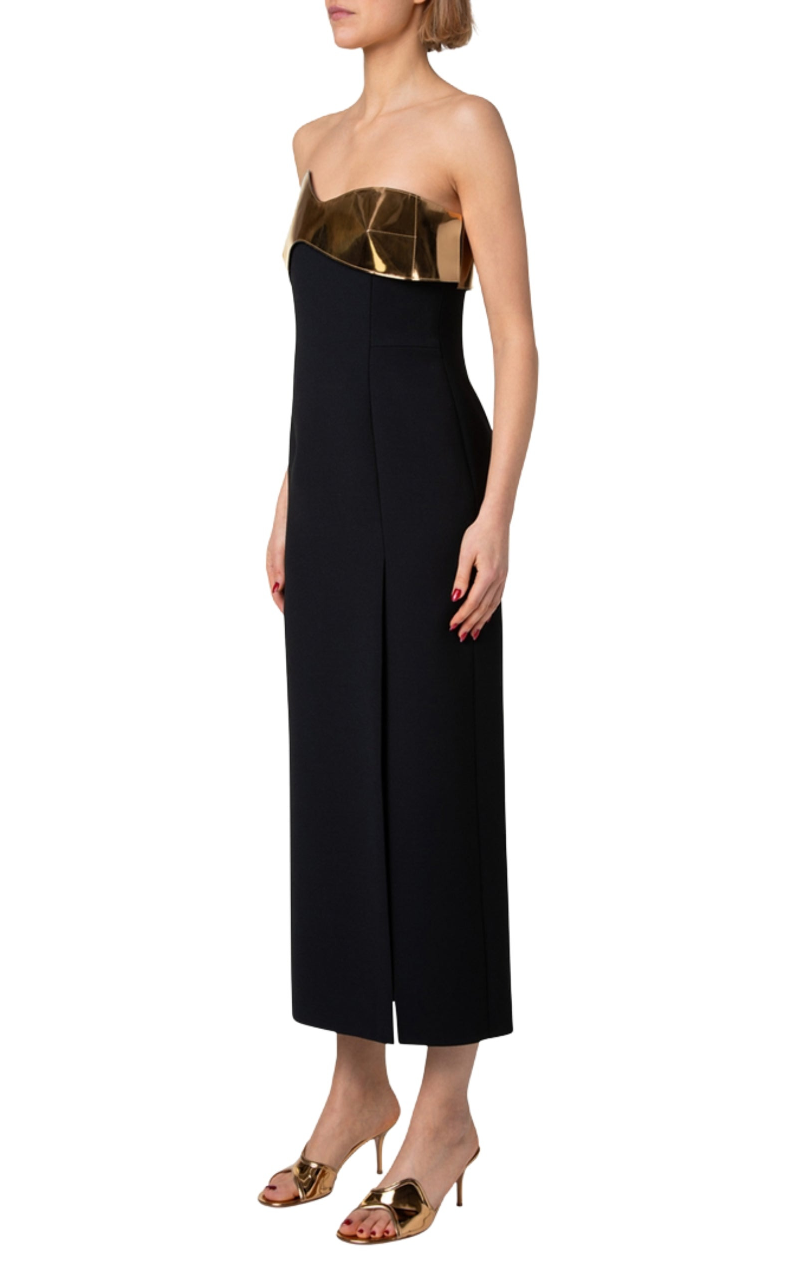Midi Cocktail Dress with Gold Leather Highlight - 4