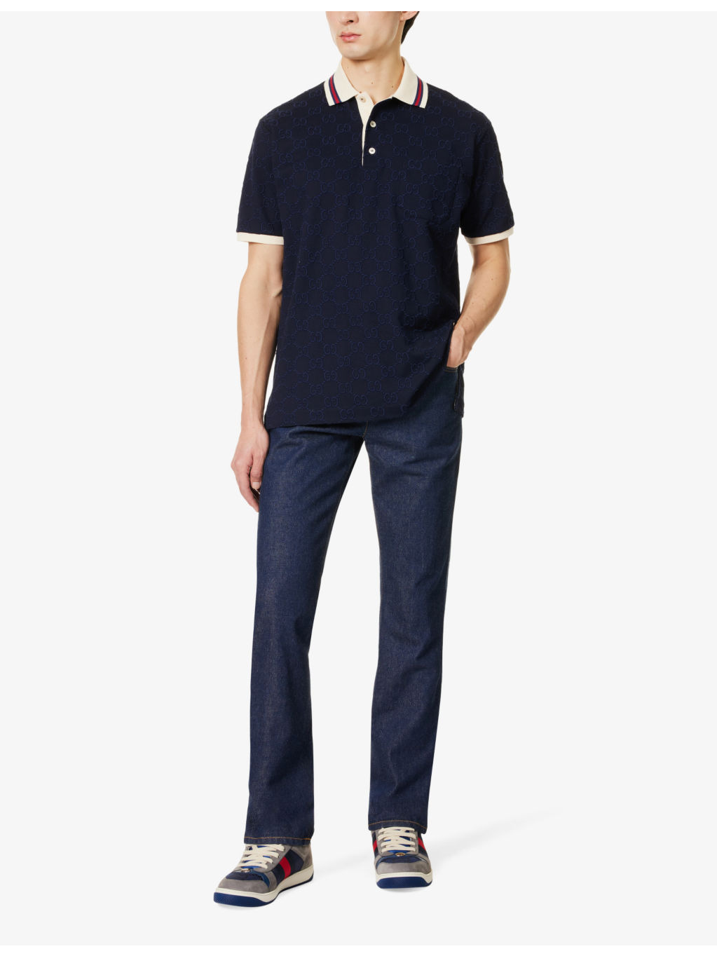 Monogram-pattern striped-trim stretch-cotton polo shirt - 2