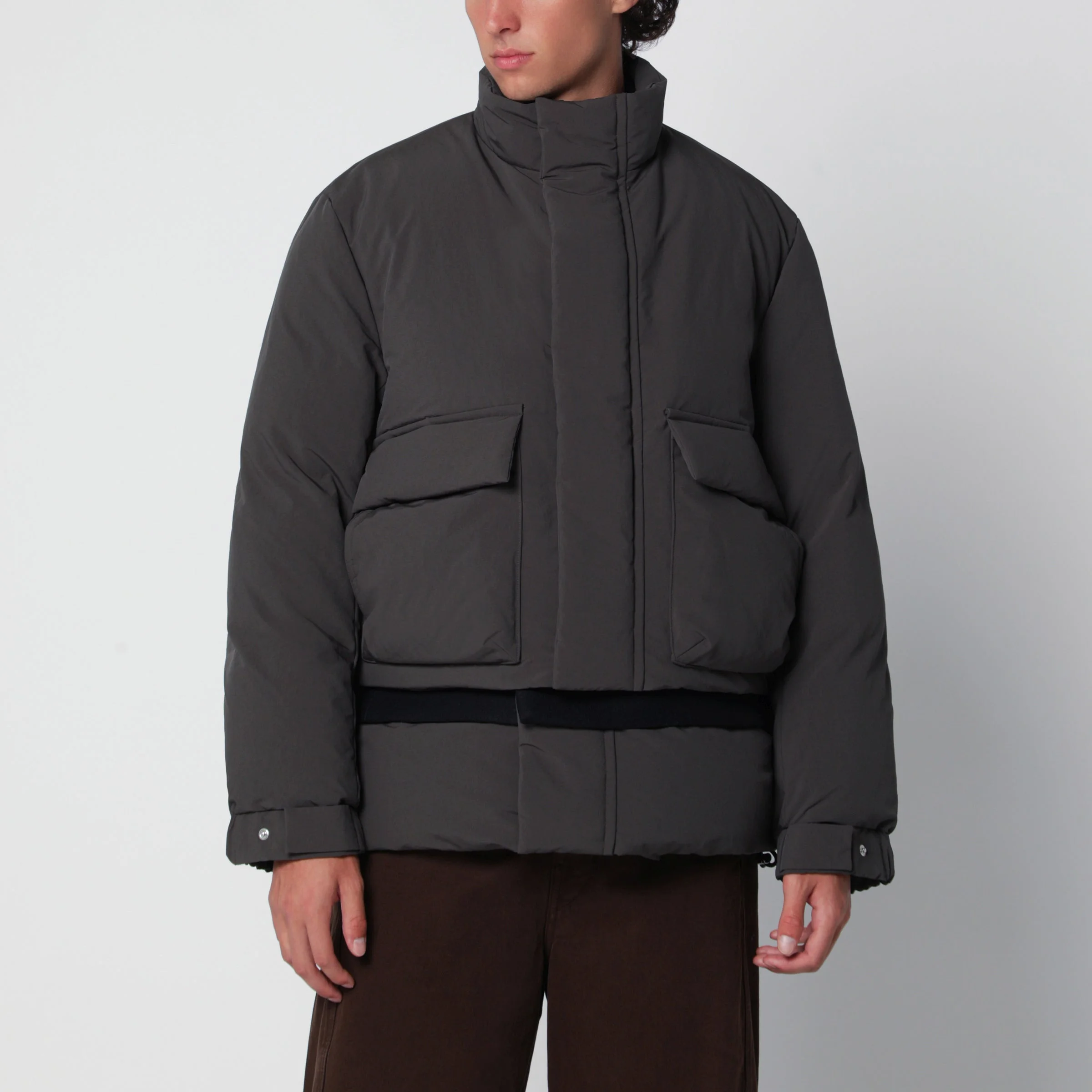 Khaki green/navy blue down jacket with wool insert - 1