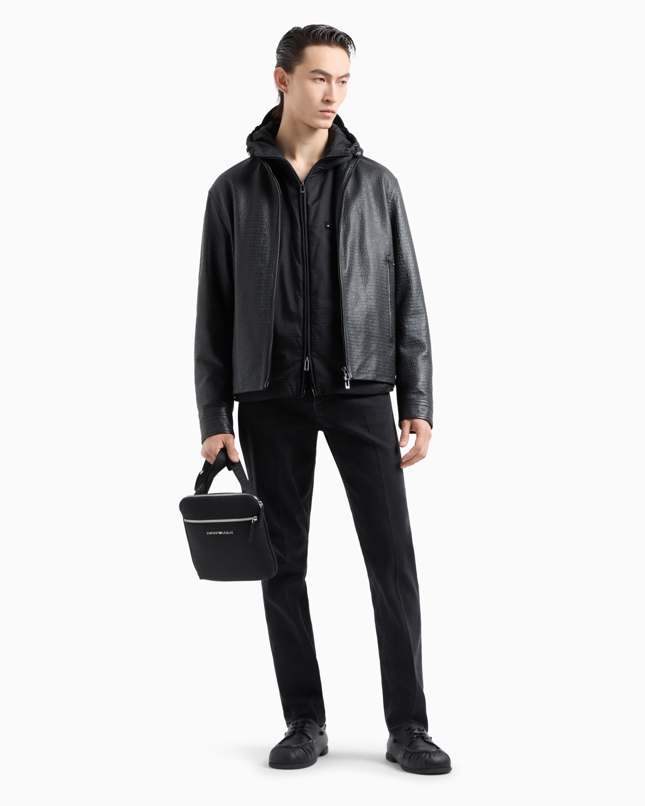 Lightweight nylon, hooded zip-up blouson with all-over jacquard lettering - 4