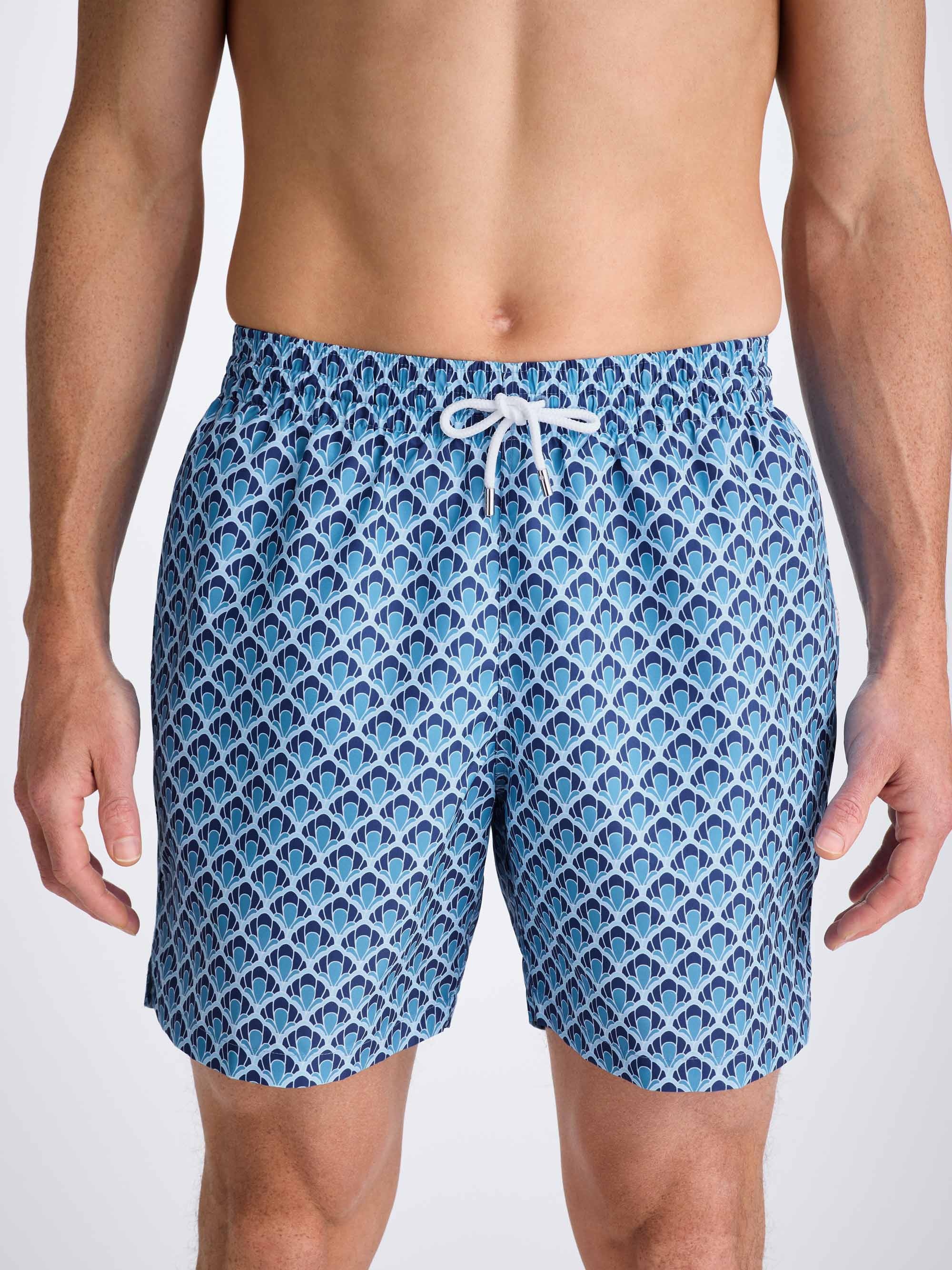 Men's Swim Shorts Mid Blue Scalloped Leaf Print - 5