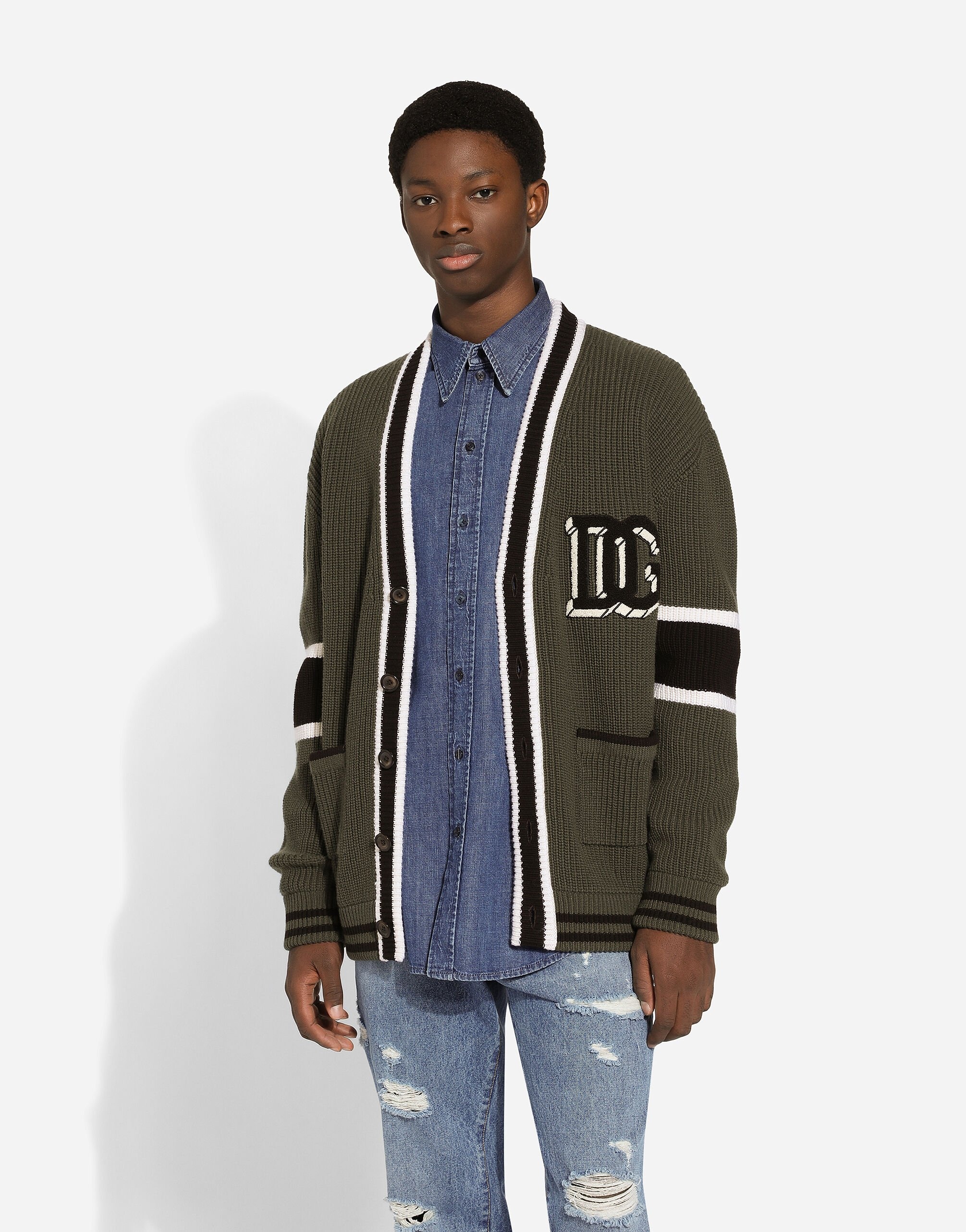 Wool fisherman’s rib-knit cardigan with DG logo patch - 4