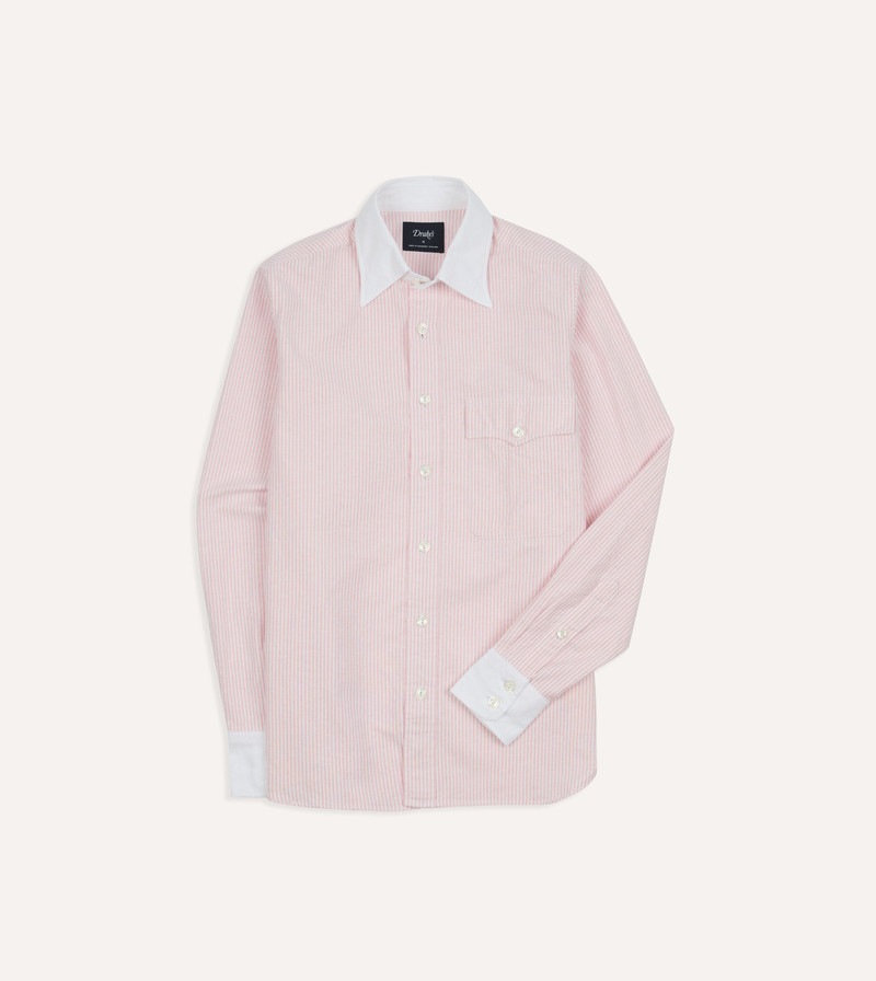 Pink Ticking Stripe Cotton Oxford Long Point Collar Western Shirt 1