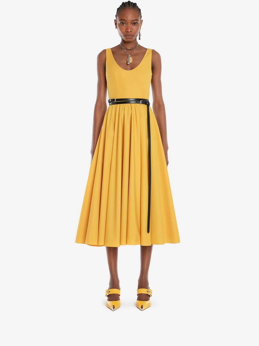 Cotton Poplin Scoop Neck Midi Dress in Pop Yellow - 2