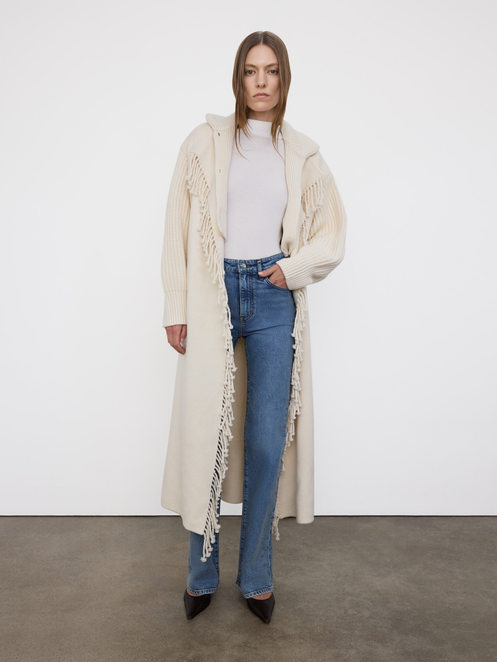 Jacquard Fringe Coat in Stone - 2