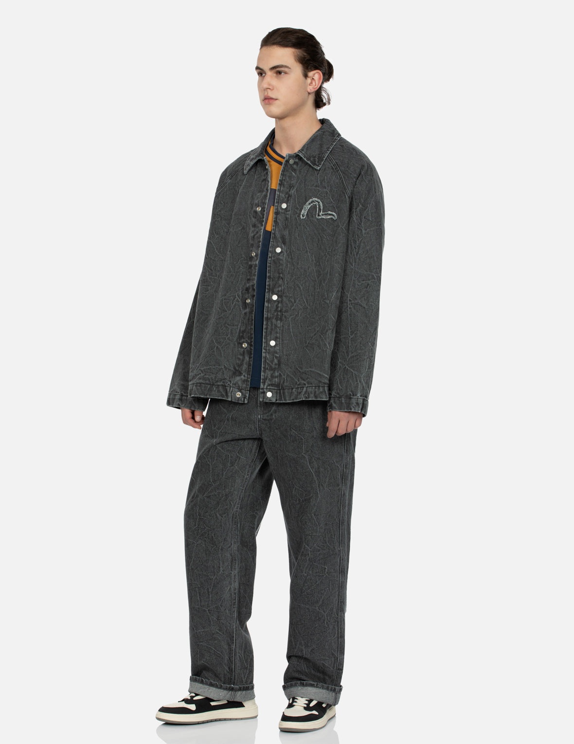 SEAGULL AND SLOGAN EMBROIDERY OVERSIZED  DENIM COACH JACKET - 3