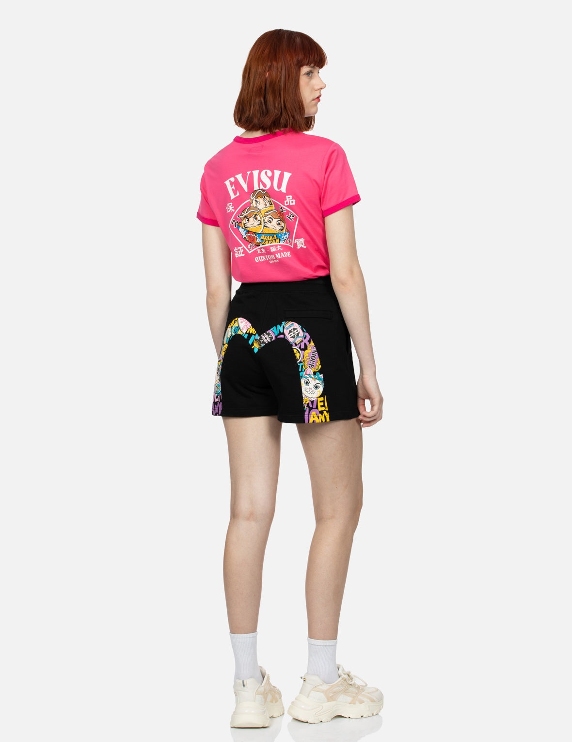 Color-blocking Daruma and Fortune Cat Daicock Print Loose Fit Sweat Shorts - 3