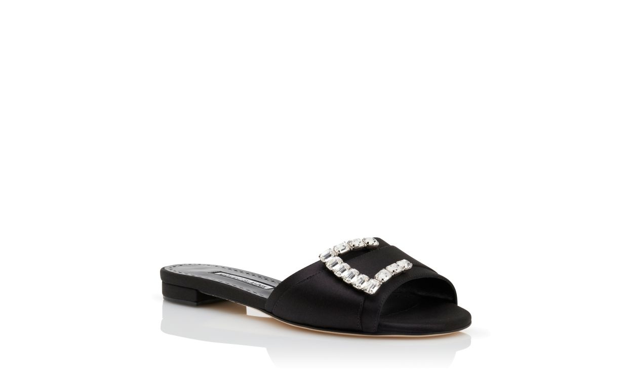 Black Satin Embellished Flat Sandals - 3