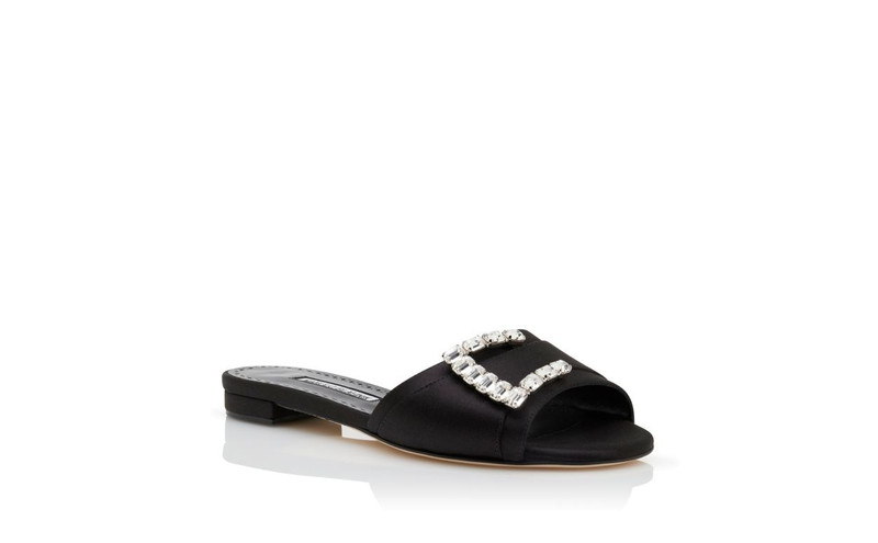 Black Satin Embellished Flat Sandals 3
