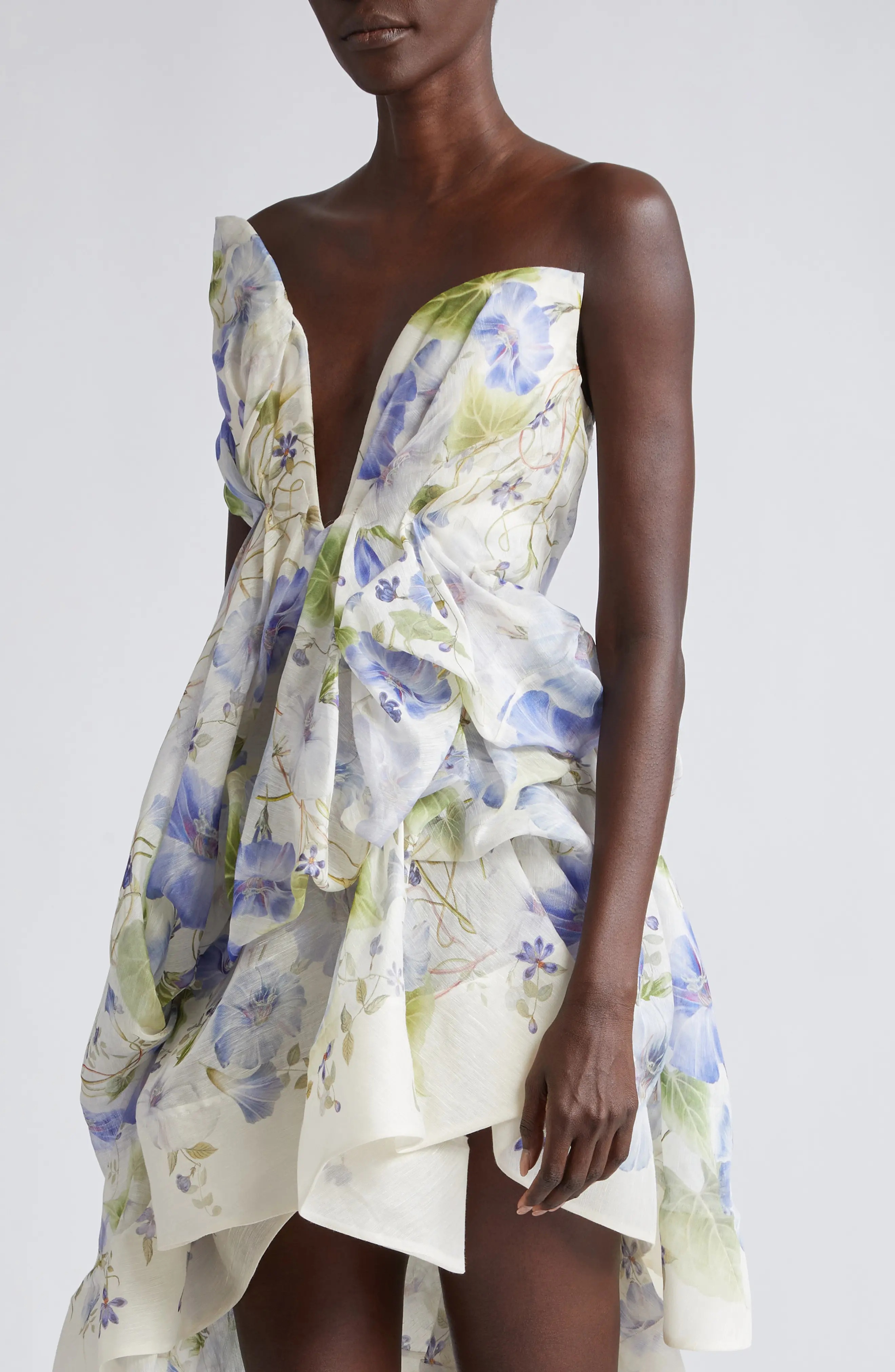 Natura Floral Asymmetric Strapless Linen & Silk Dress in Cream/Blue Floral - 4