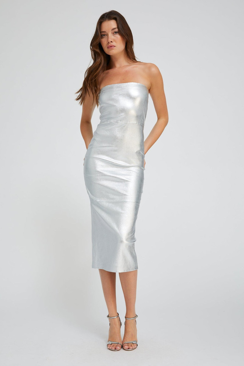 SPRWMN METALLIC SILVER LEATHER TUBE DRESS outlook