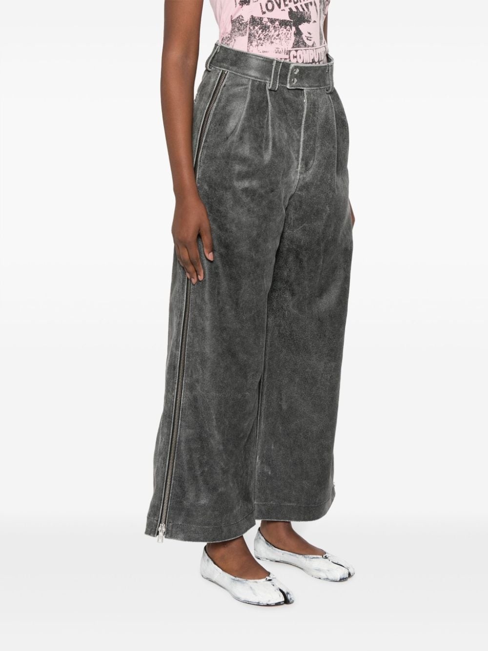 belted suede wide-leg trousers - 3