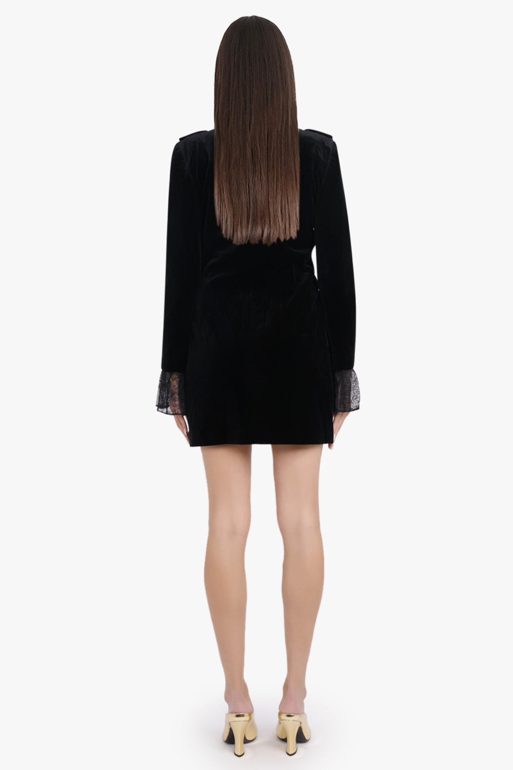 V NECKLINE VELVET MINI DRESS WITH LACE SLEEVES | BLACK - 4