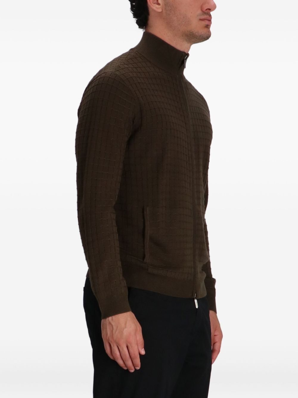 grid-pattern zip-up cardigan - 3