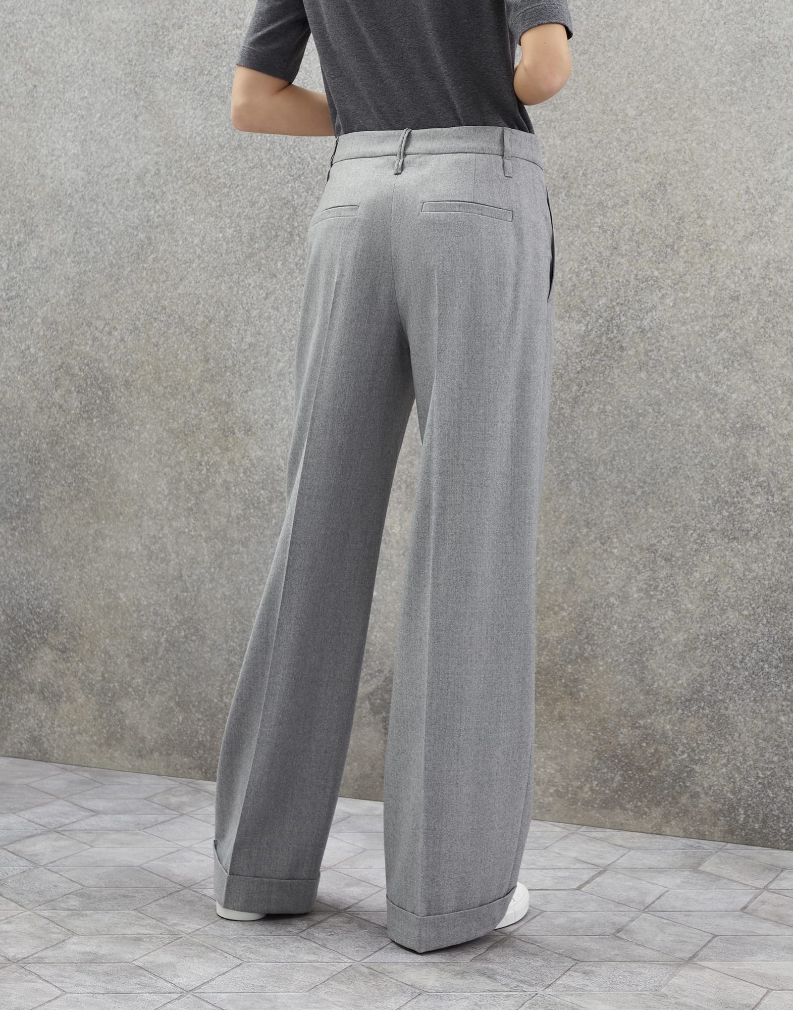 Virgin wool flannel loose flared trousers with monili - 2