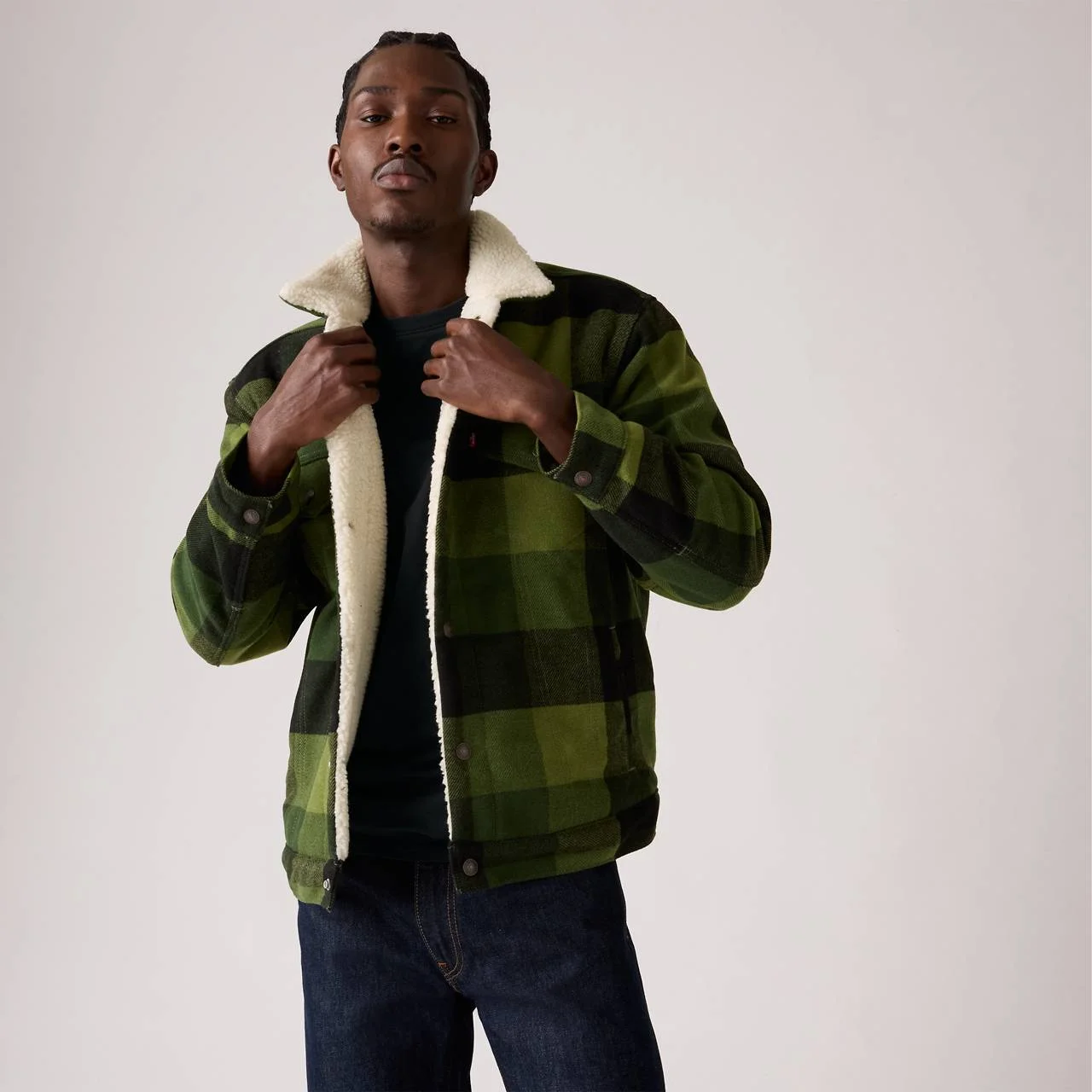 RELAXED FIT SHERPA PLAID TRUCKER JACKET - 1