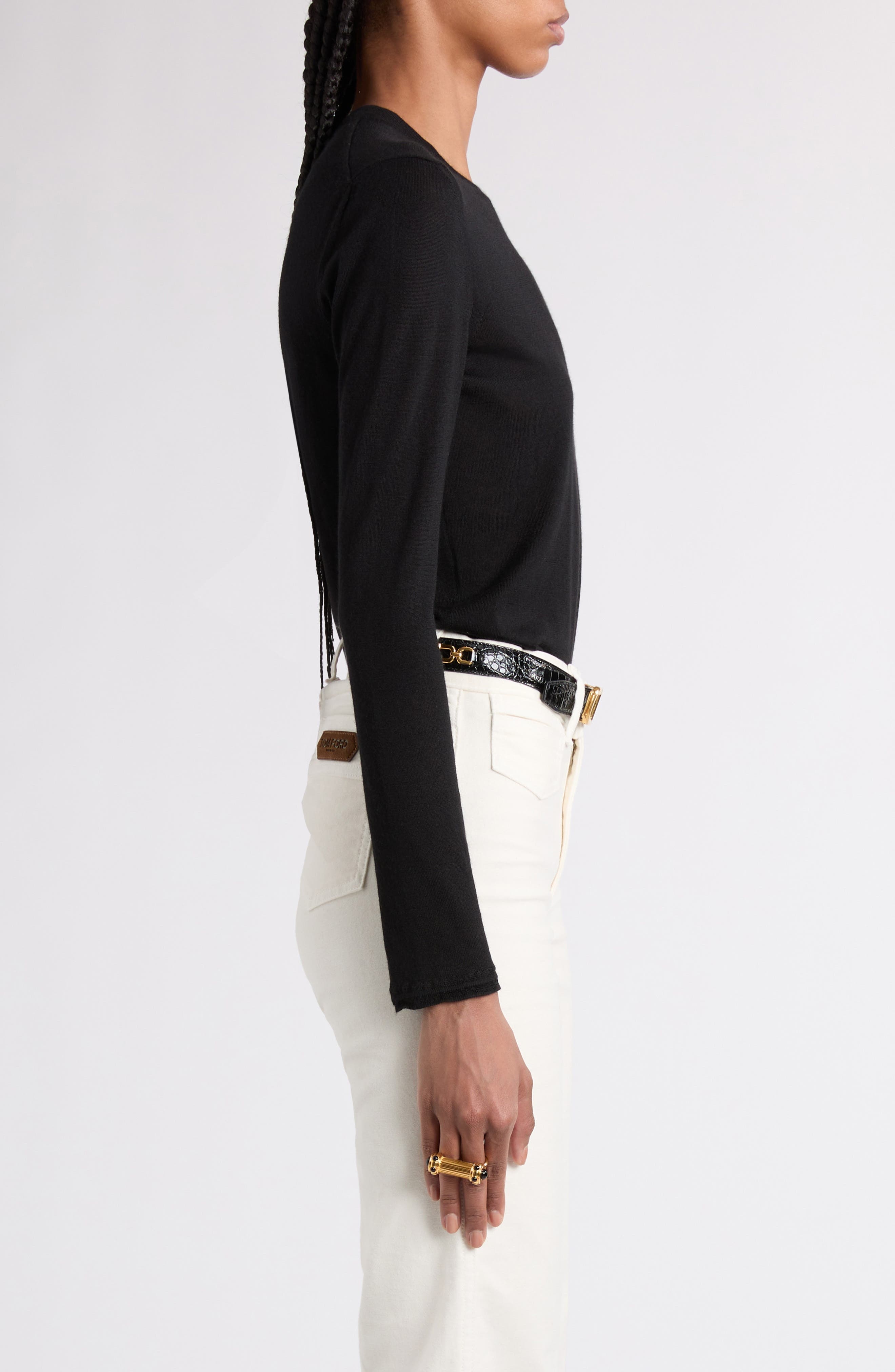 TOM FORD Fine Gauge Cashmere & Silk Crewneck Sweater in Lb999 Black at Nordstrom - 4