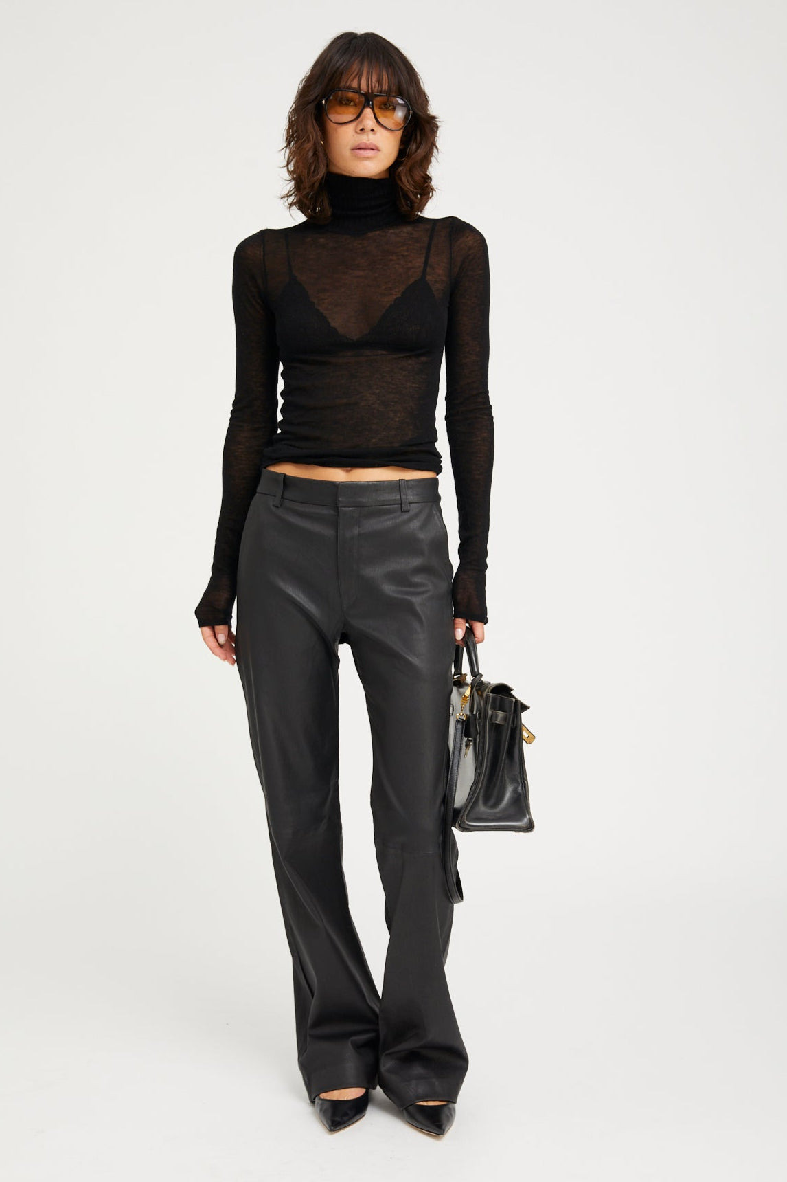 BLACK TISSUE CASHMERE MOCK NECK - 2