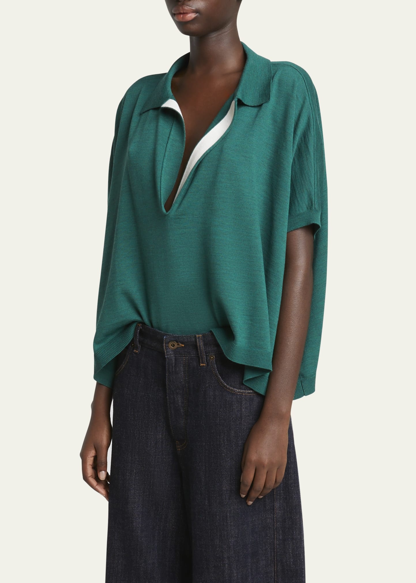 Deep V-Neck Johnny Collar Wool Sweater - 4