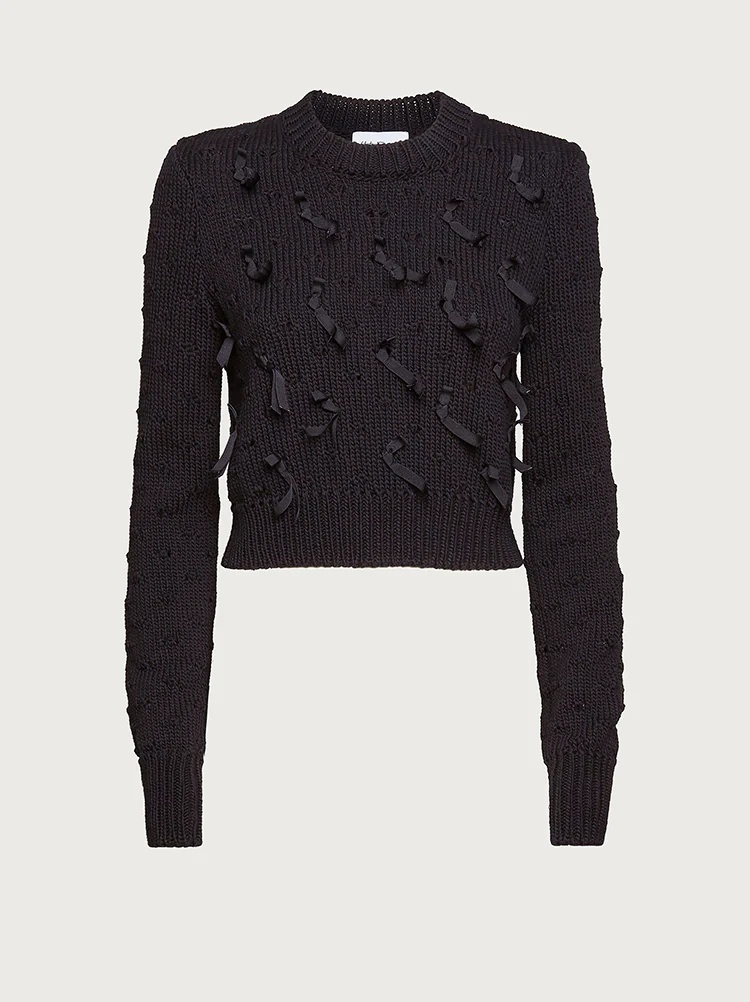 ROUND NECK CROPPED SWEATER WITH RIBBONS - 1
