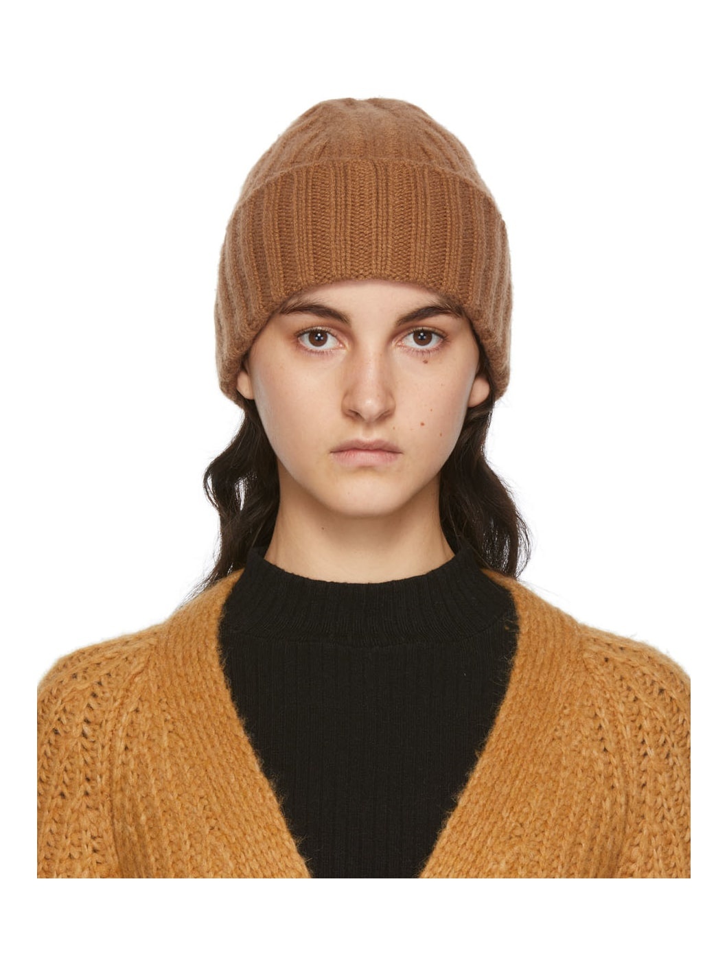 Brown Ribbed Cashmere Beanie - 1