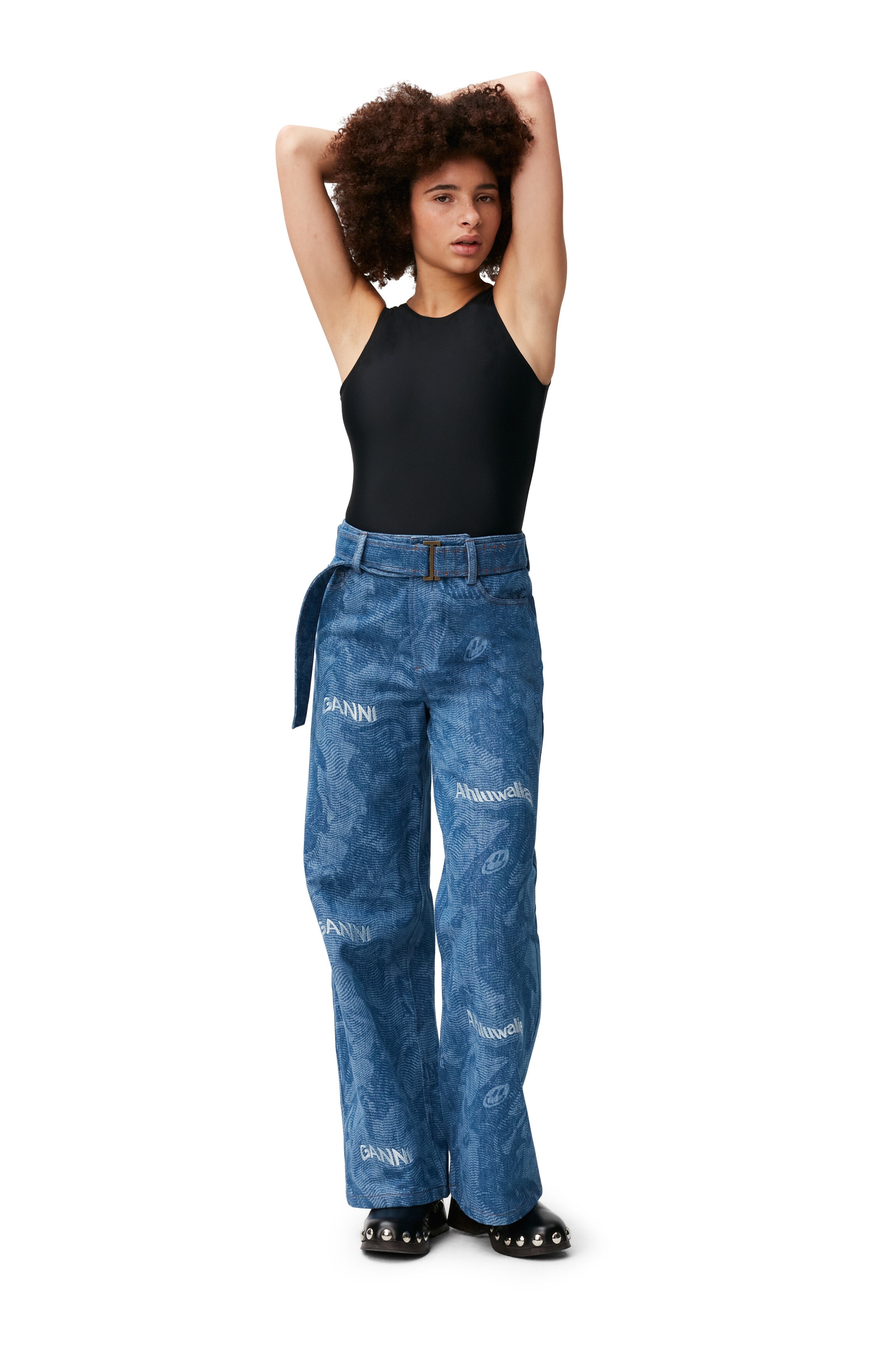 PRINTED LASER DENIM LASER DENIM EMBROIDED MID WAIST BELT PANTS - 4