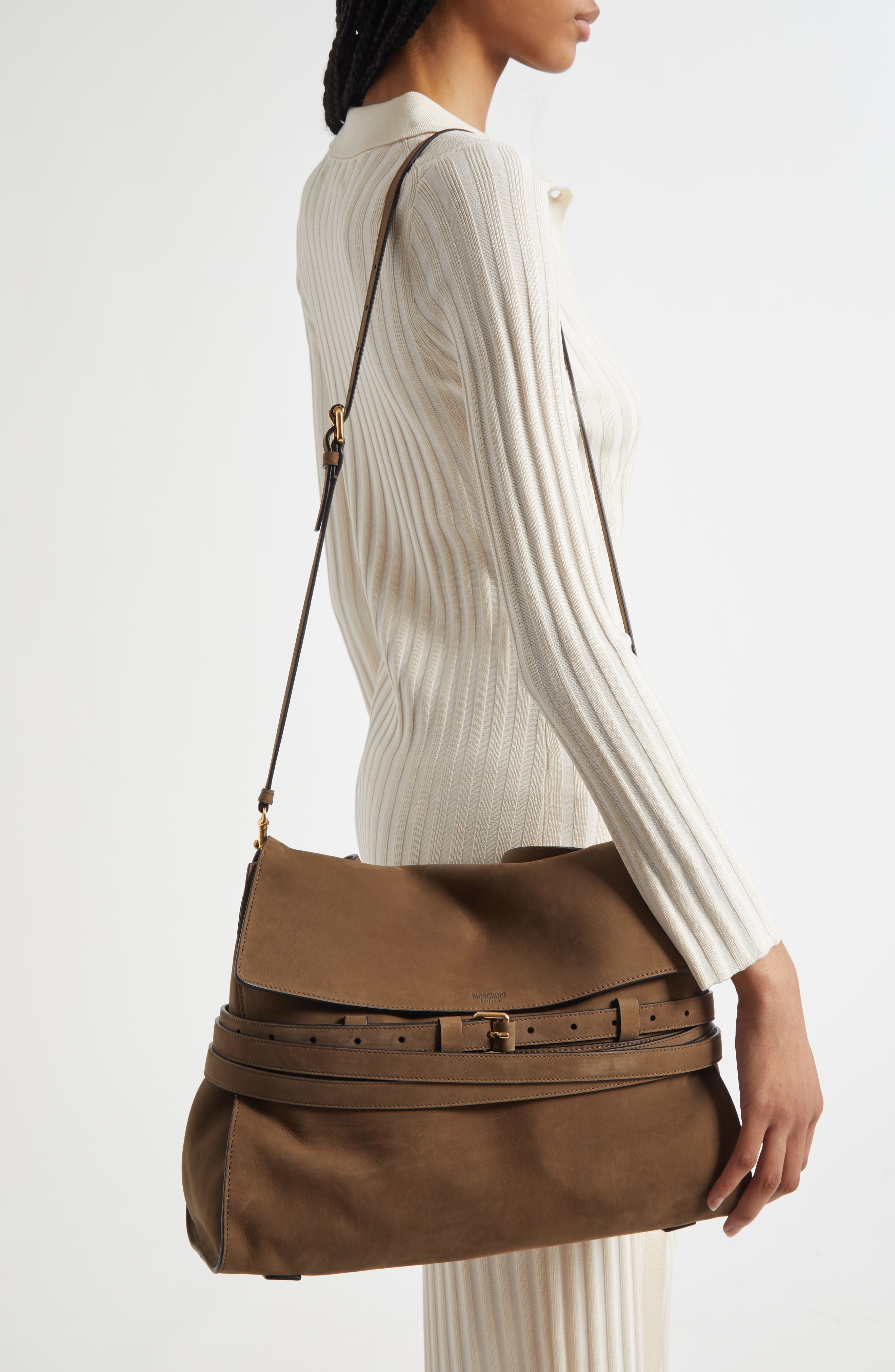 Moschino Medium Tie Me Suede Shoulder Bag in Forest at Nordstrom - 2