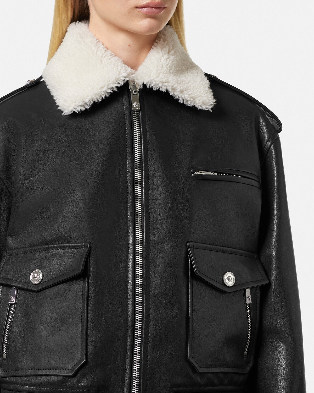 Medusa Shearling Leather Jacket - 5