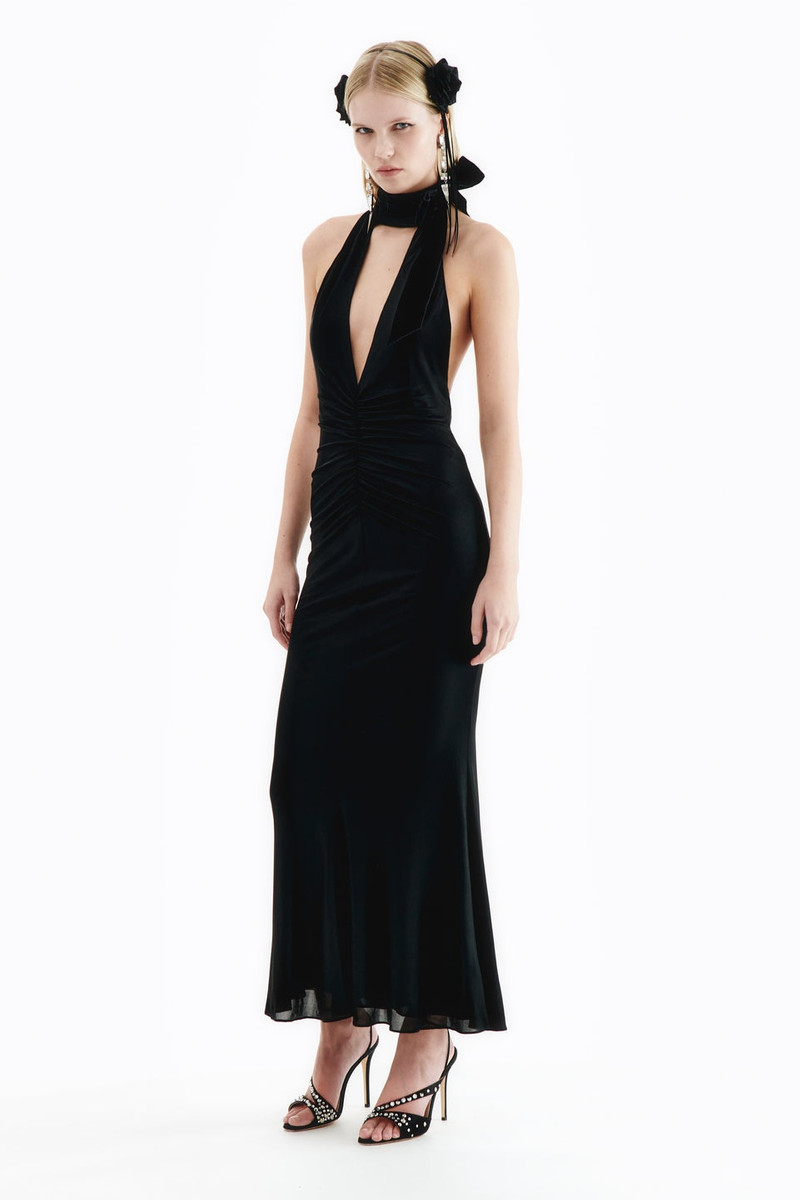 Alessandra Rich LAMINATED JERSEY EVENING DRESS WITH HALTERNECK outlook