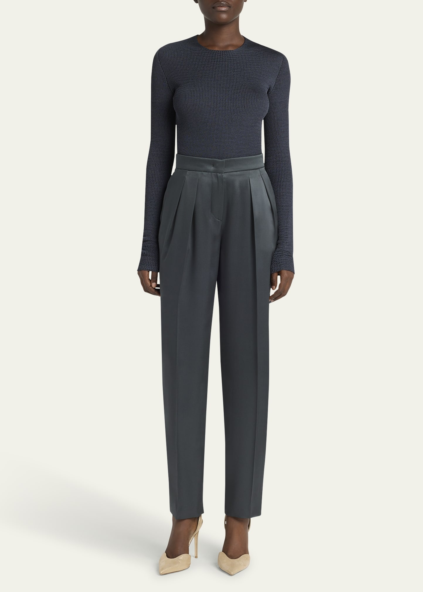 Silk Satin Pleated Straight-Leg Trousers - 2