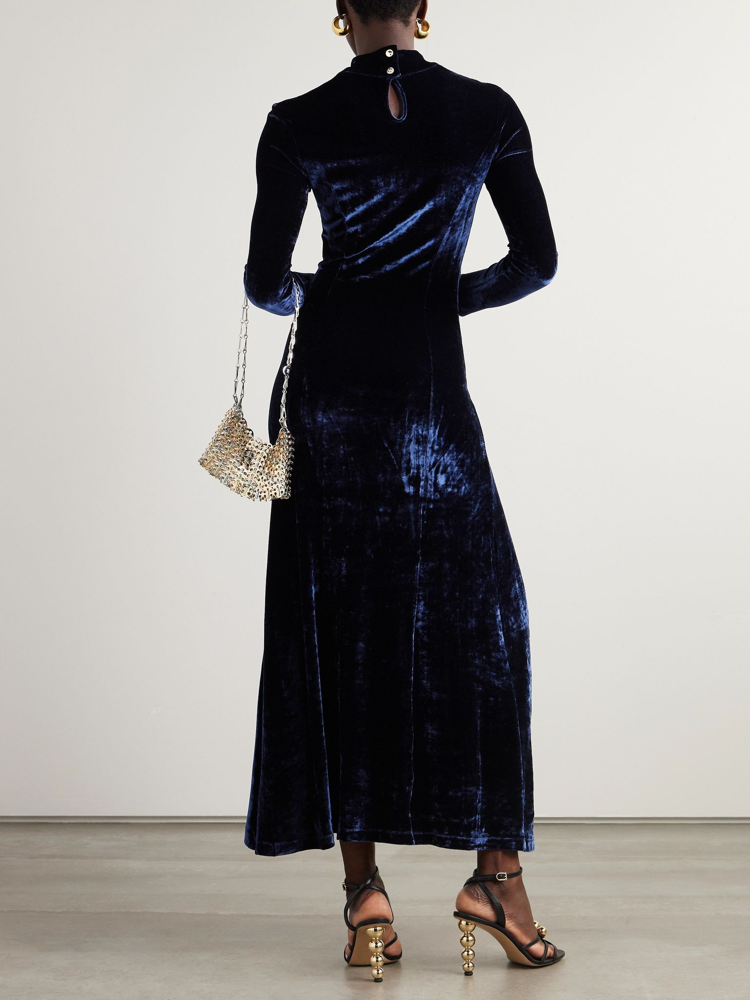 Asymmetric ruched embellished velvet turtleneck dress Navy - 3
