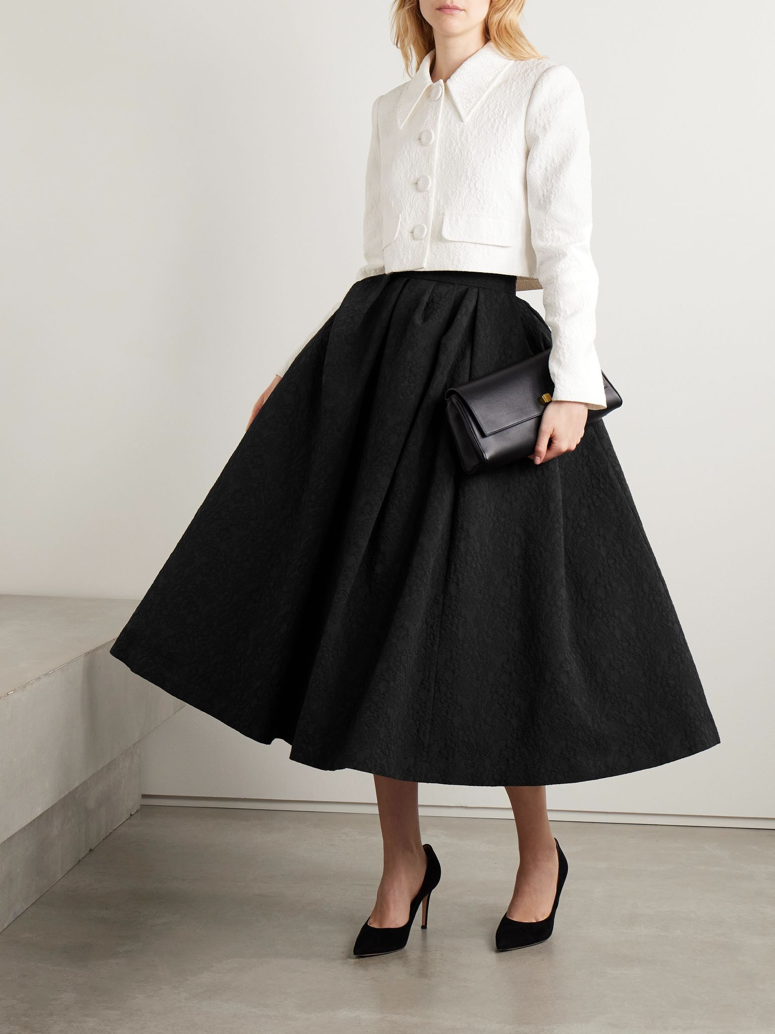 Pleated cotton-blend cloqué midi skirt Black - 2