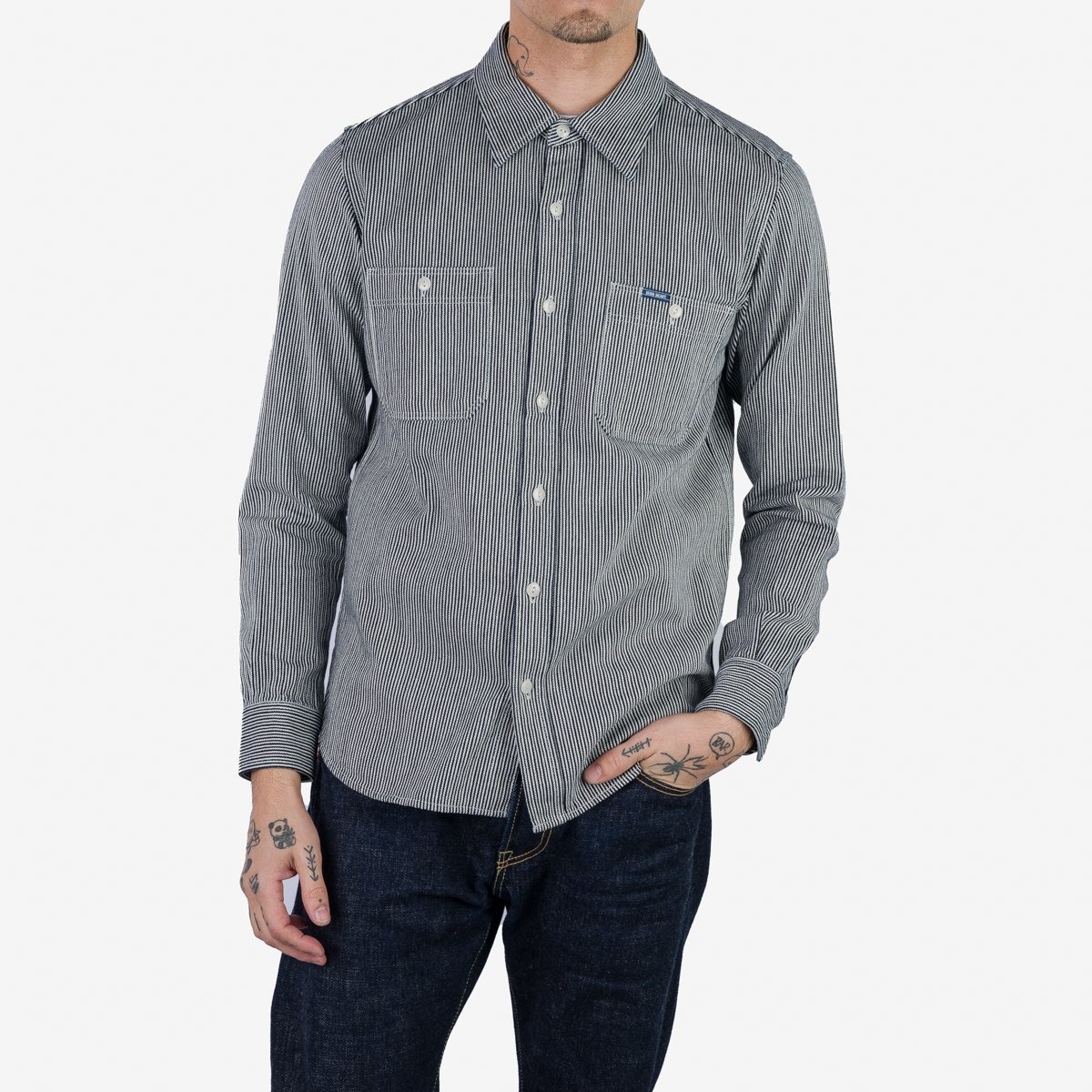 IHSH-366-IND 8oz Herringbone Hickory Stripe Work Shirt - Indigo - 3