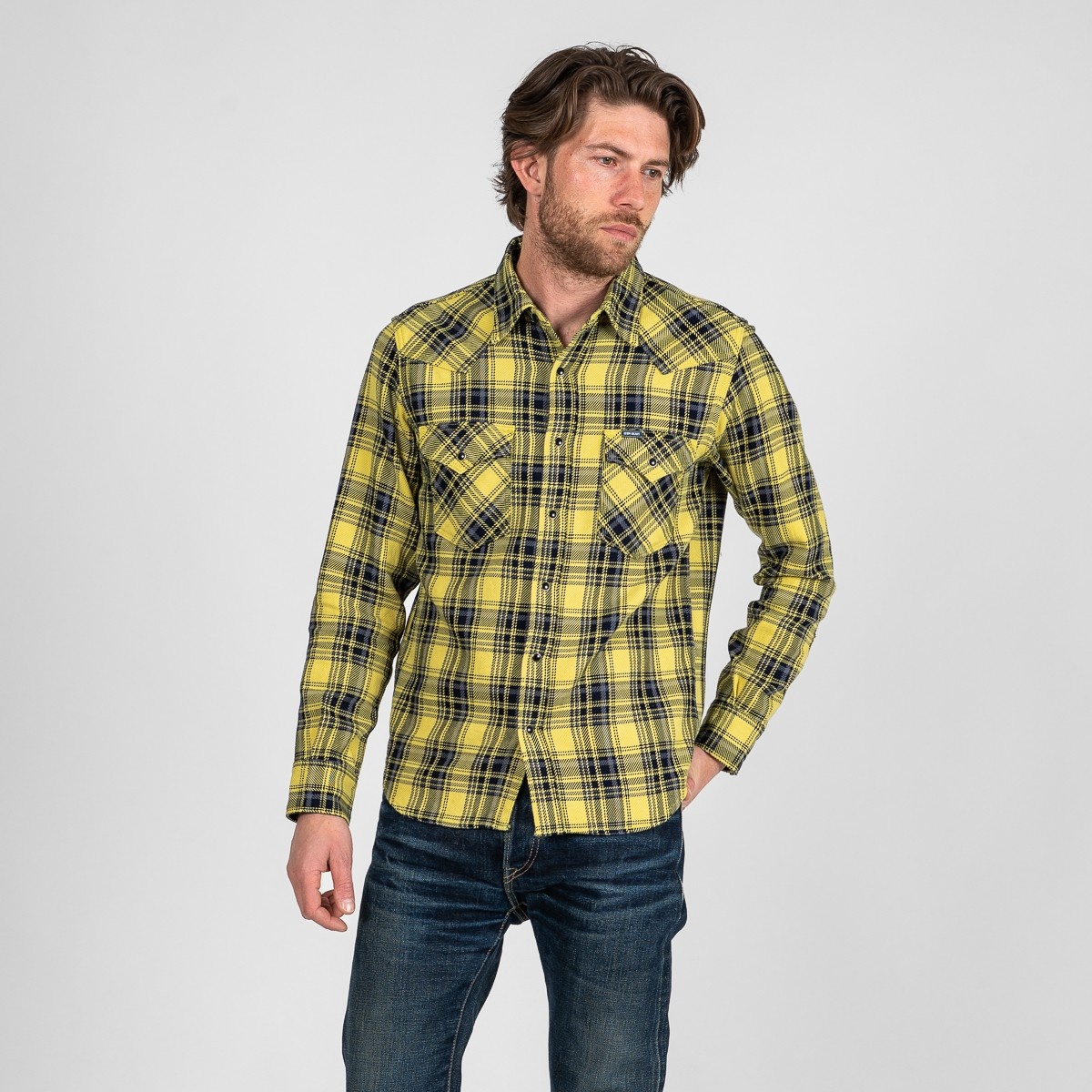 IHSH-411-YEL 9oz Selvedge Indigo Check Flannel Western Shirt - Yellow - 2