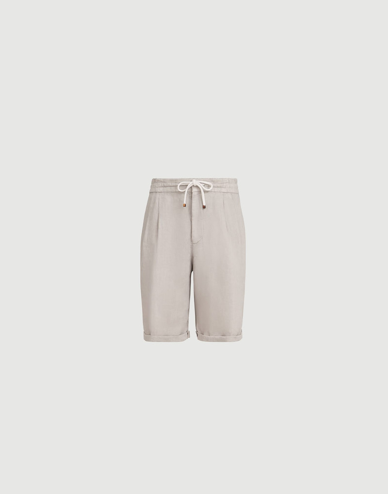 Garment-dyed Bermuda shorts in linen gabardine with drawstring and pleat 1