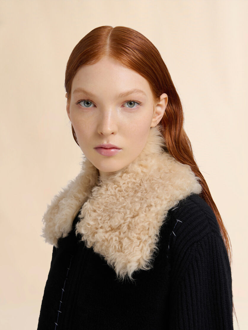 BLACK WOOL CARDIGAN WITH SHEARLING PATCHES - 4