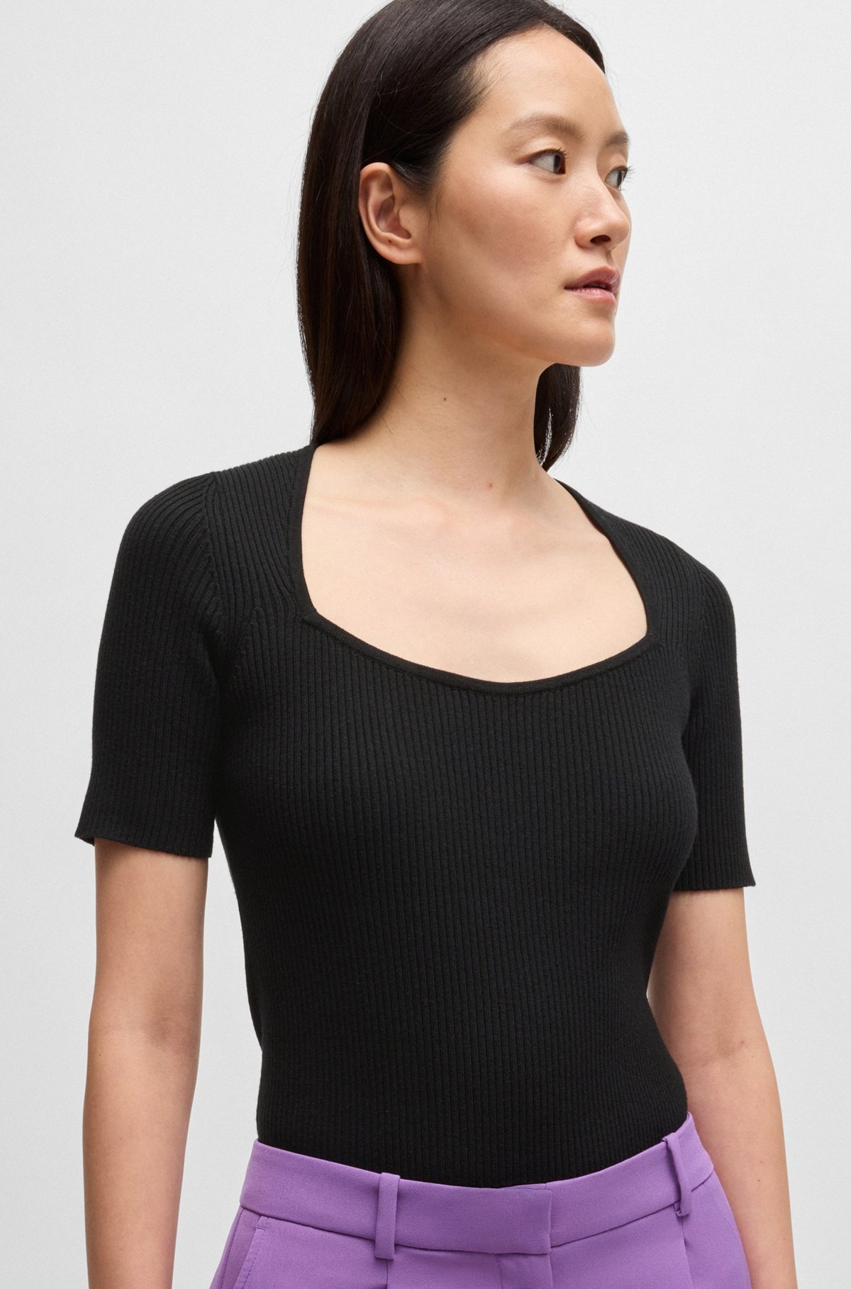 SQUARE-NECK SHORT-SLEEVED SWEATER IN RIBBED STRETCH FABRIC - 5
