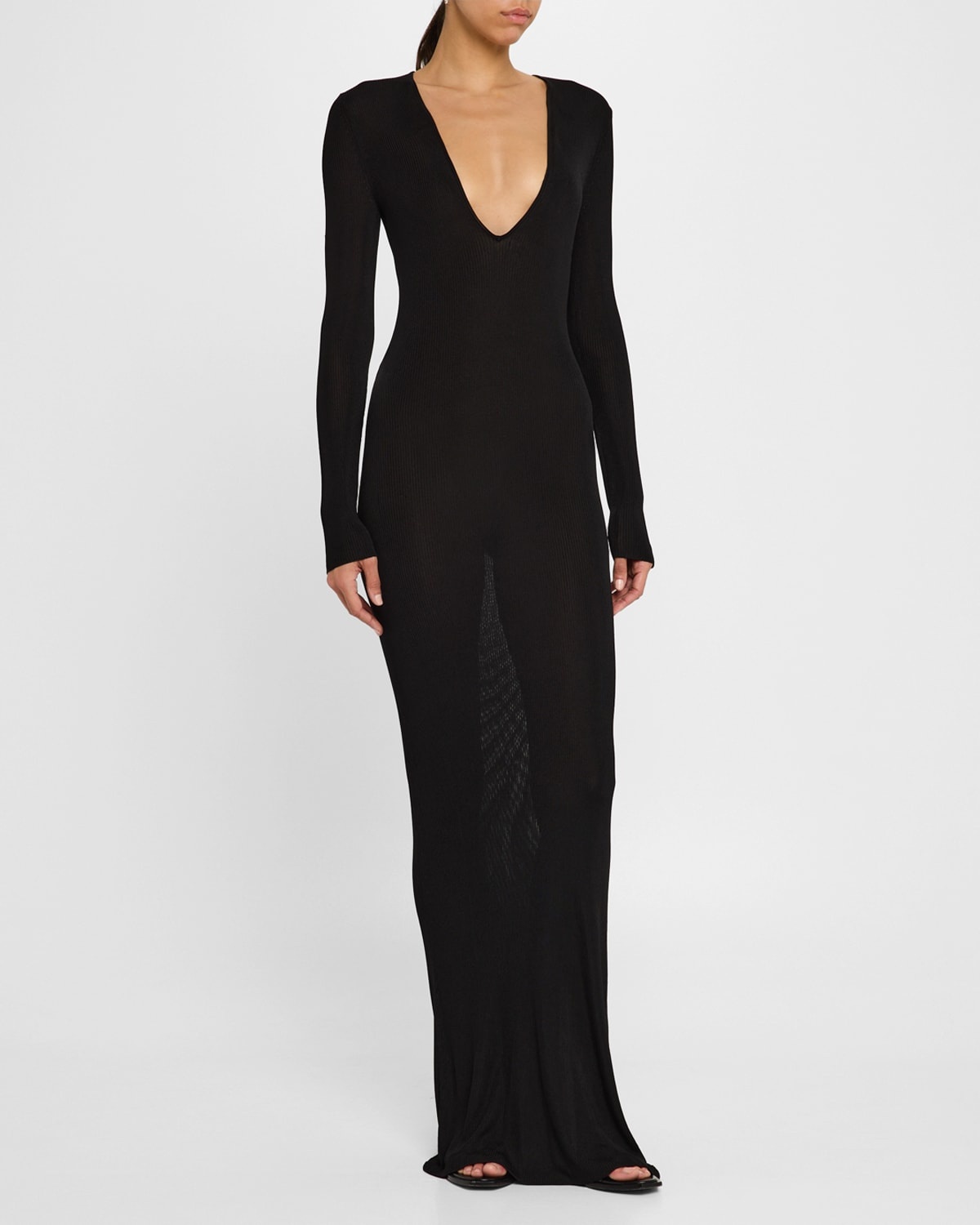 Jean Plunging Long-Sleeve Rib Maxi Dress - 4
