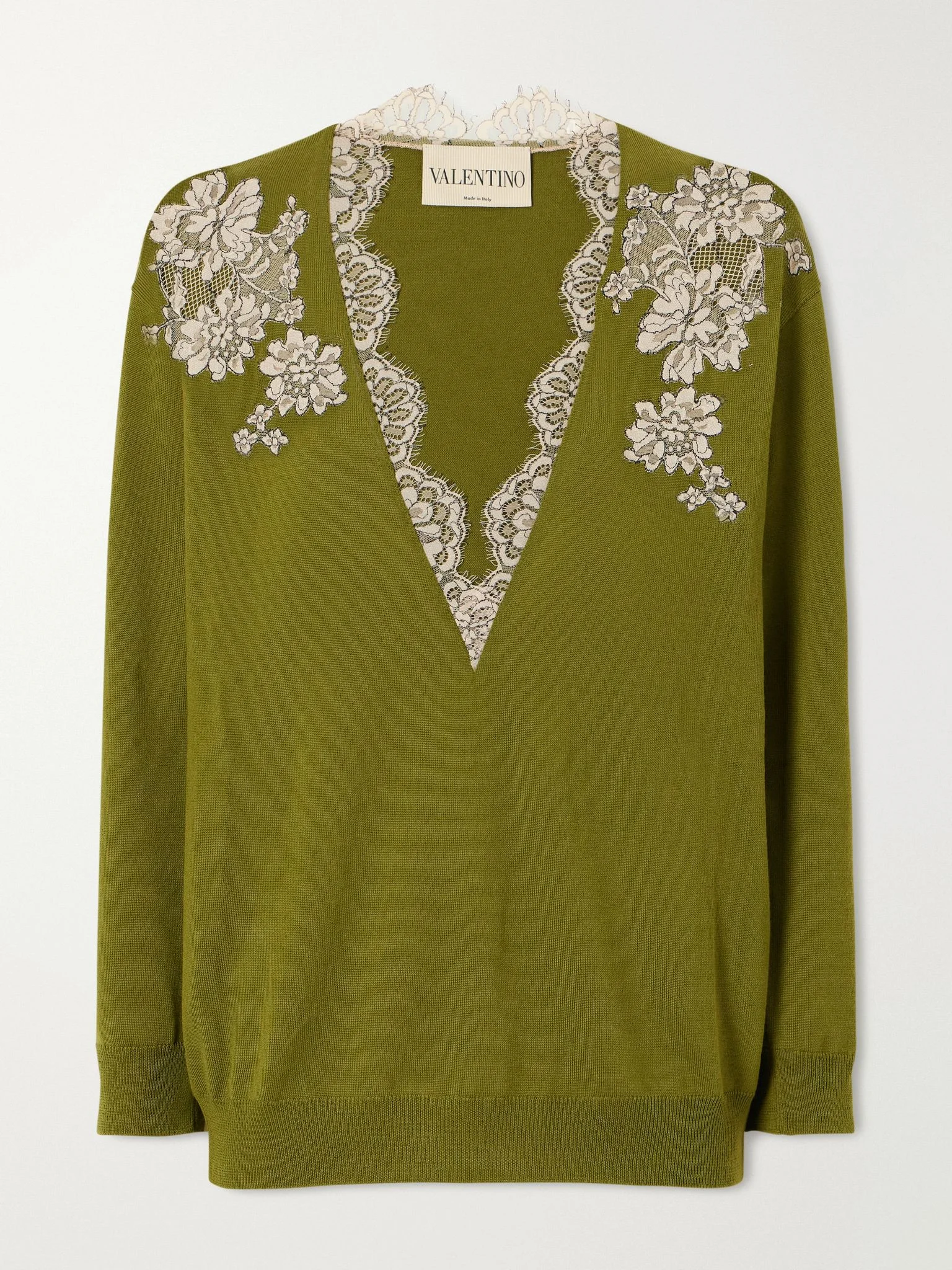 Lace-trimmed wool sweater Army green - 1