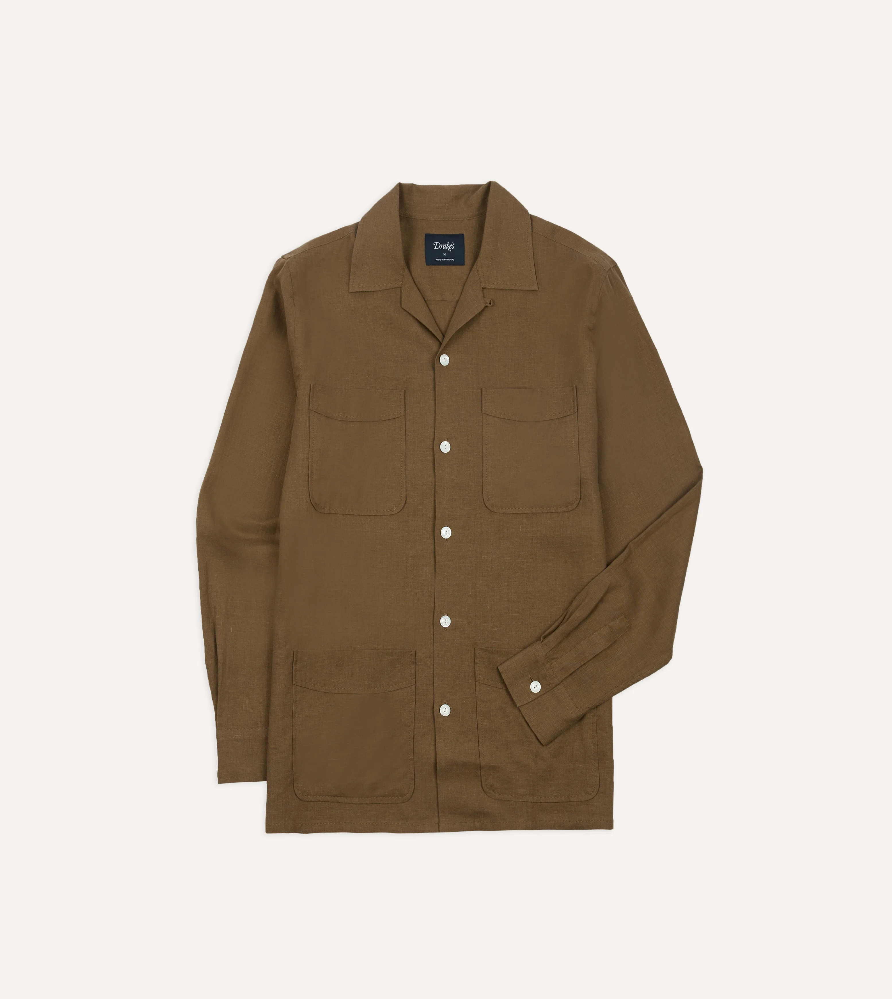 Khaki Linen Four-Pocket Camp Collar Work Shirt - 1