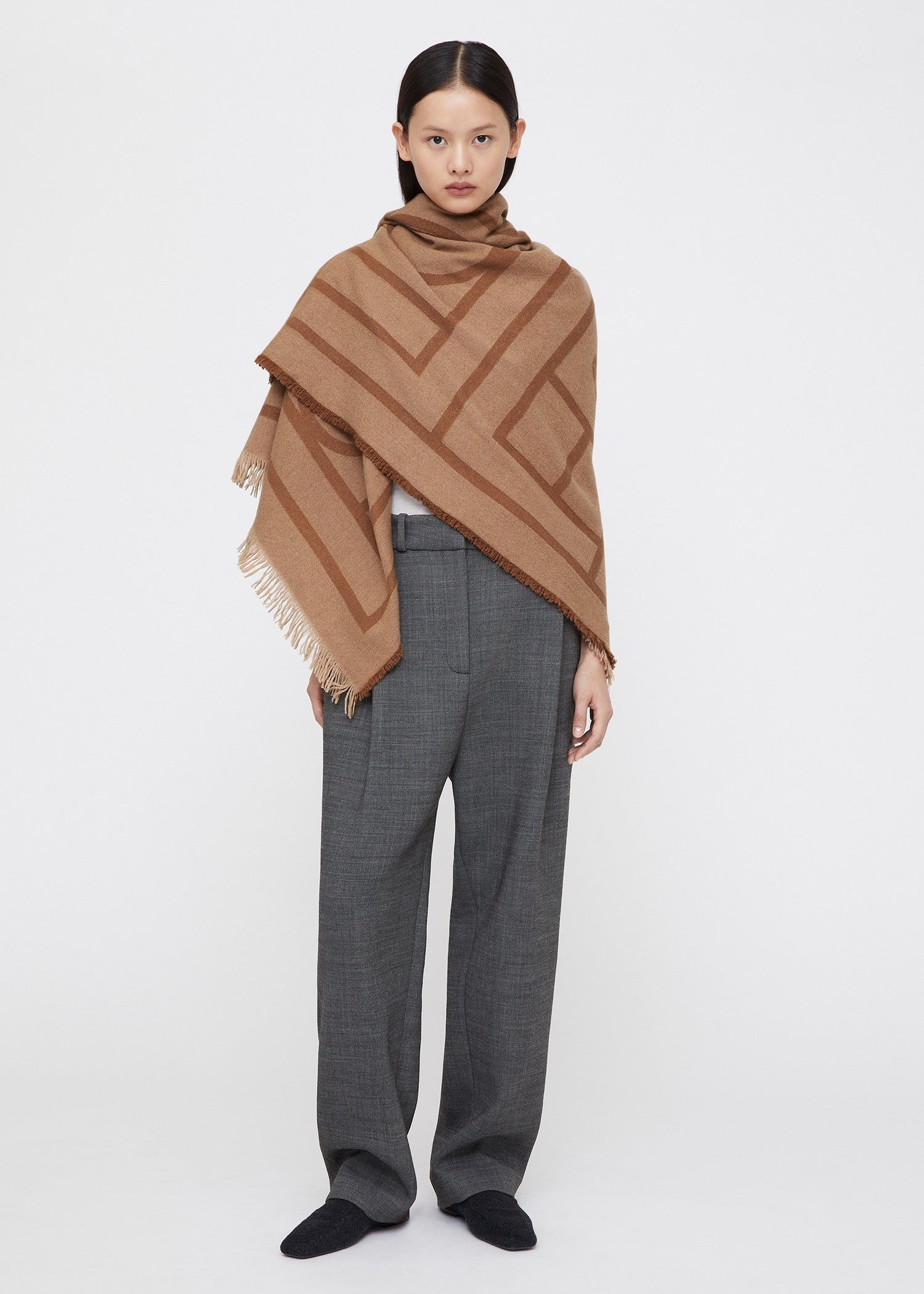 Monogram wool cashmere scarf camel - 2