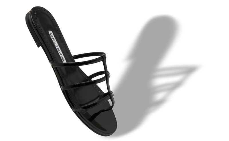 Manolo Blahnik Black Patent Leather Strappy Flat Sandals outlook