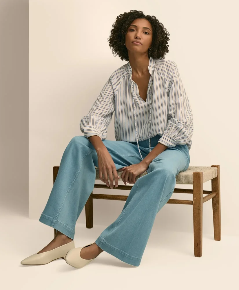 Relaxed Tie-Neck Stripe Peasant Blouse - 1