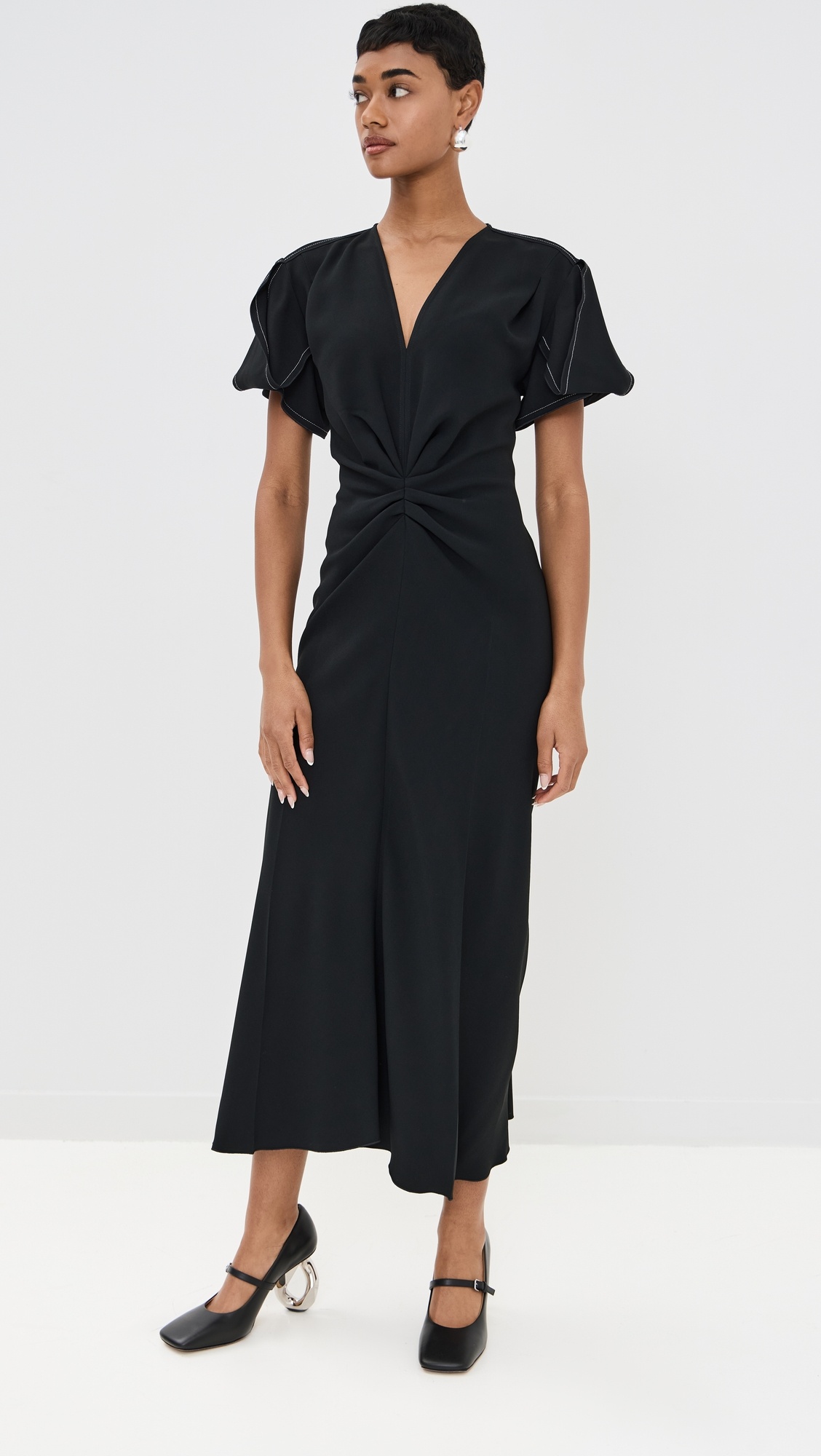Gathered V Neck Midi Dress - 6