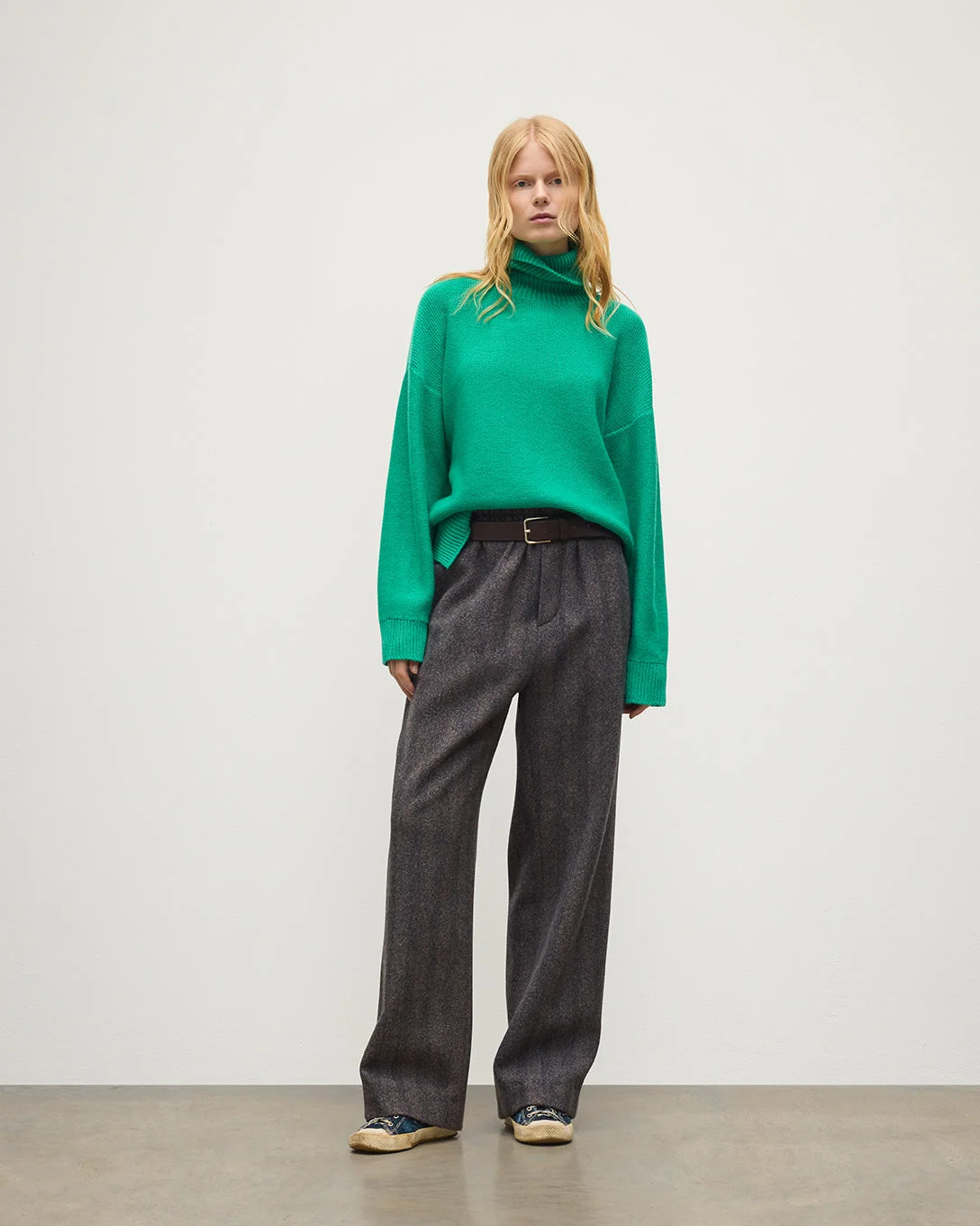 Maggie Reverse Stitch Roll Neck Green Cashmere Jumper - 1