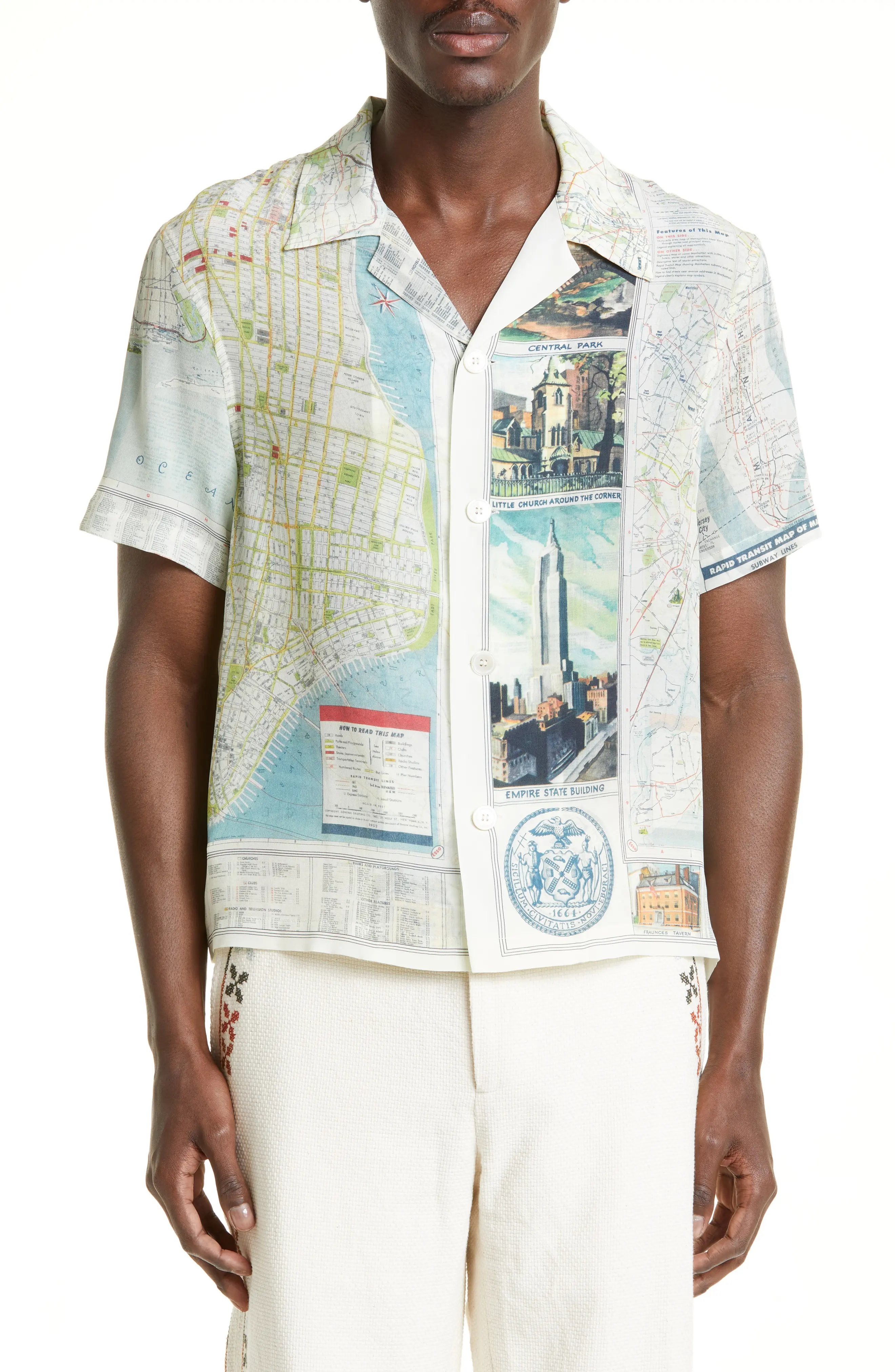 New York City Map Short Sleeve Silk Button-Up Shirt - 1