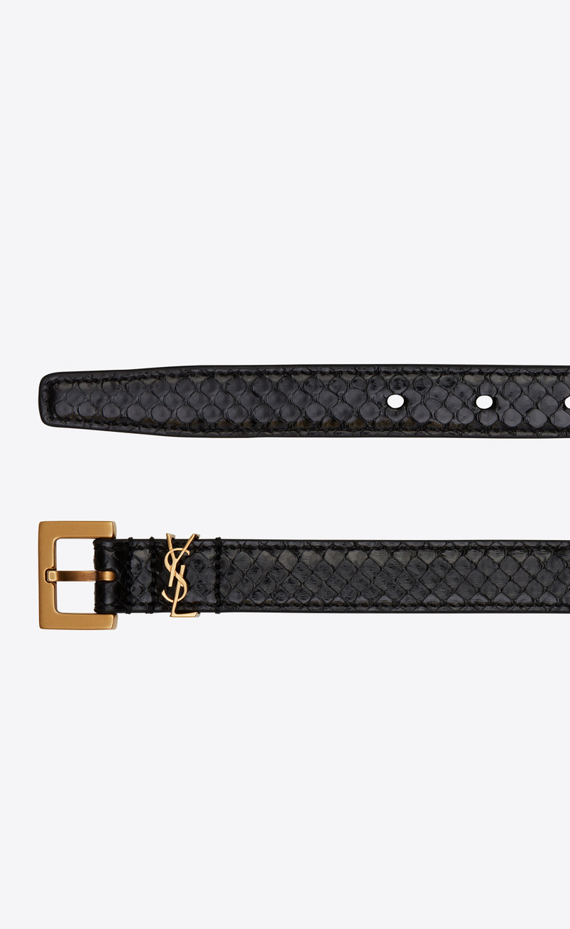 SAINT LAURENT narrow monogram belt in python outlook