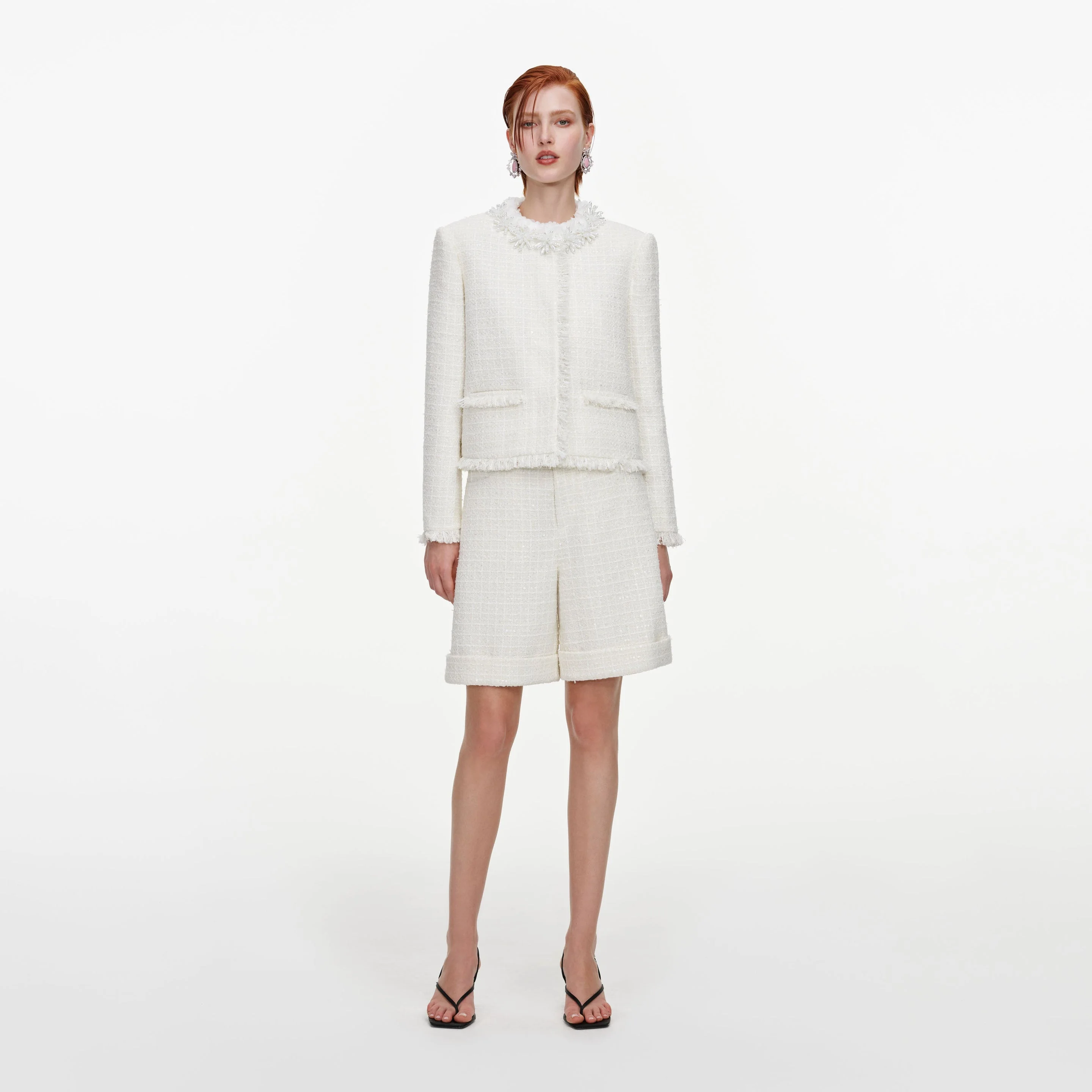 Cream Sequin Boucle Pearl Trim Jacket - 1